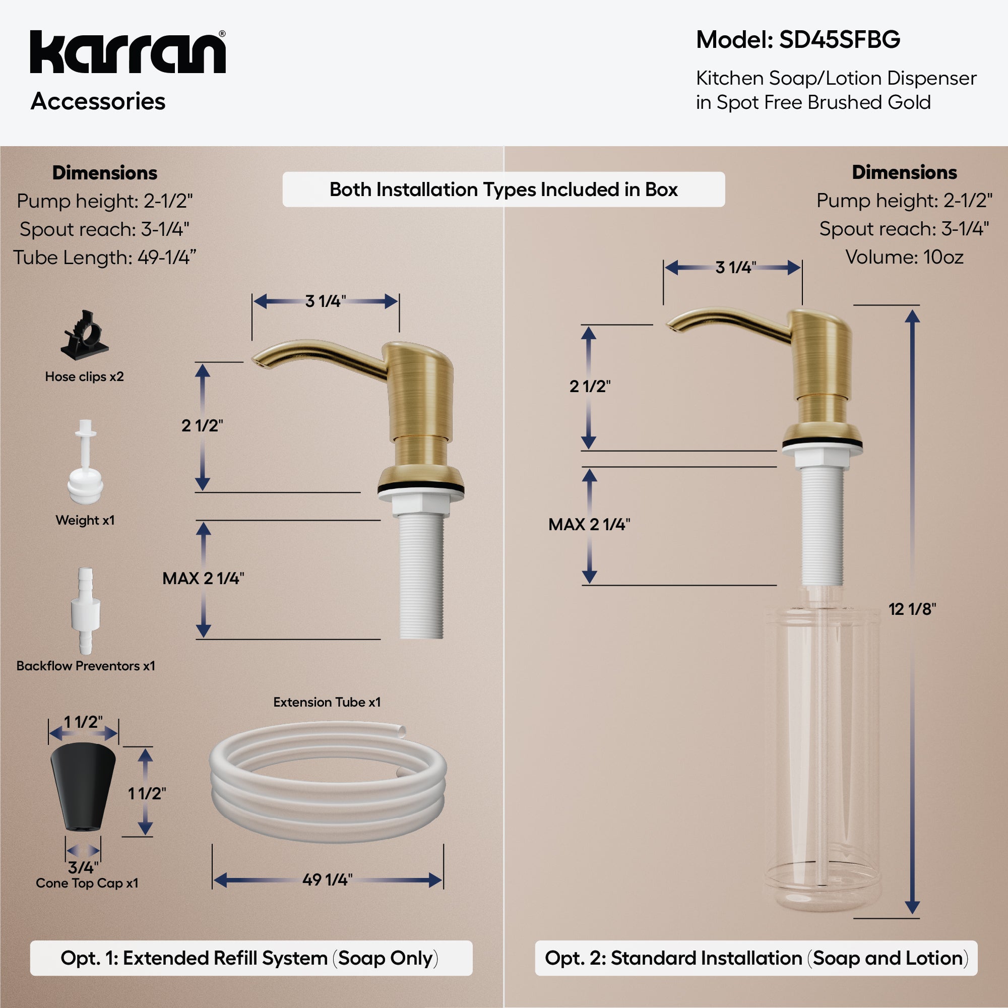 Karran SD45 Kitchen Soap/Lotion Dispenser in Spot Free Brushed Gold, Lead-free Brass, SD45SFBG