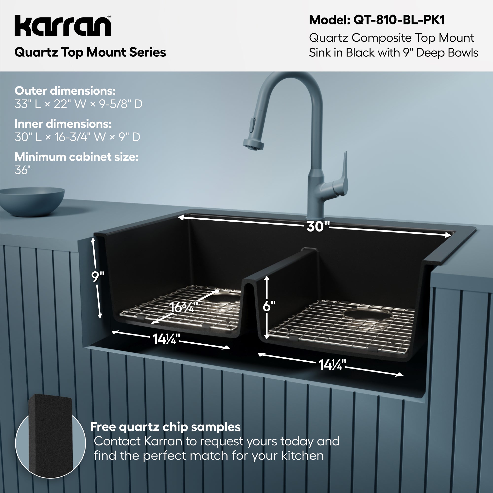 Alternative View of Karran 33" Drop In/Topmount Quartz Composite Kitchen Sink with Accessories, 50/50 Double Bowl, Black, QT-810-BL-PK1