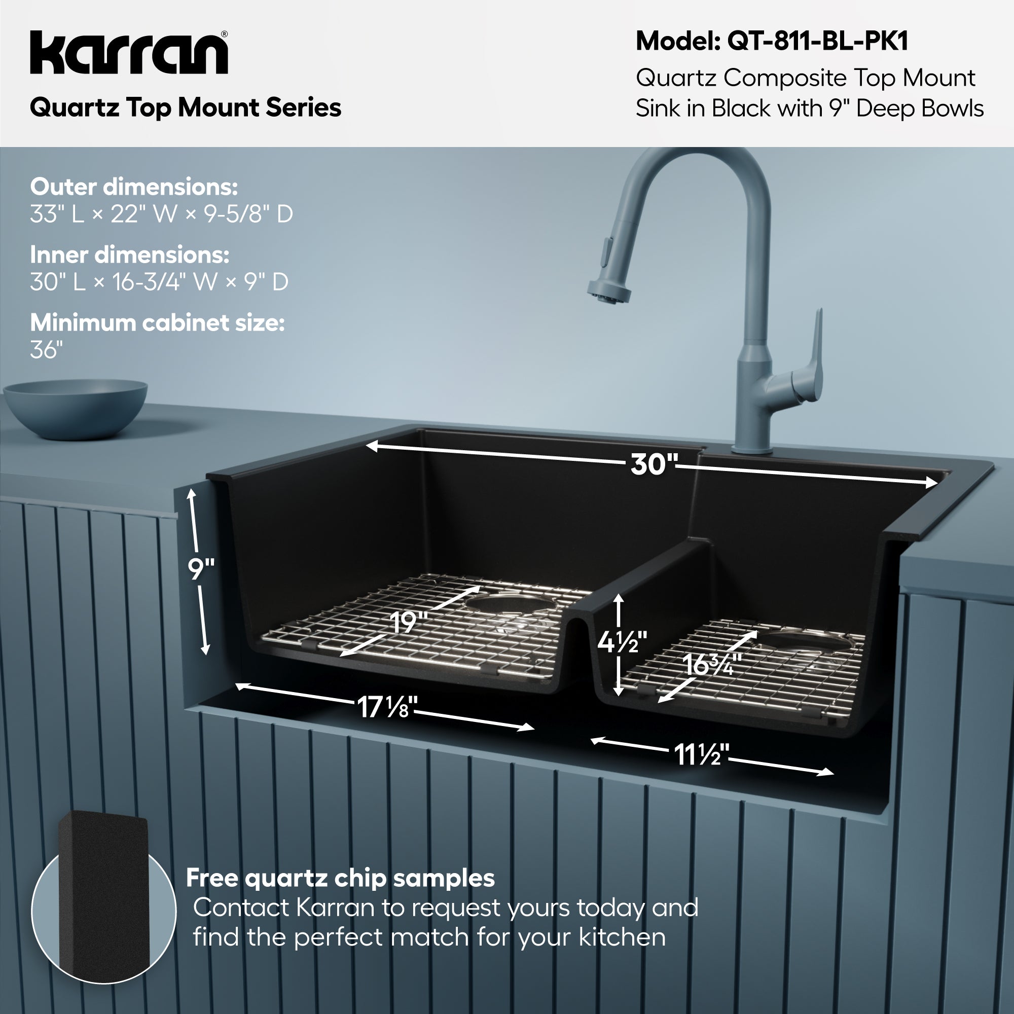 Alternative View of Karran 33" Drop In/Topmount Quartz Composite Kitchen Sink with Accessories, 60/40 Double Bowl, Black, QT-811-BL-PK1