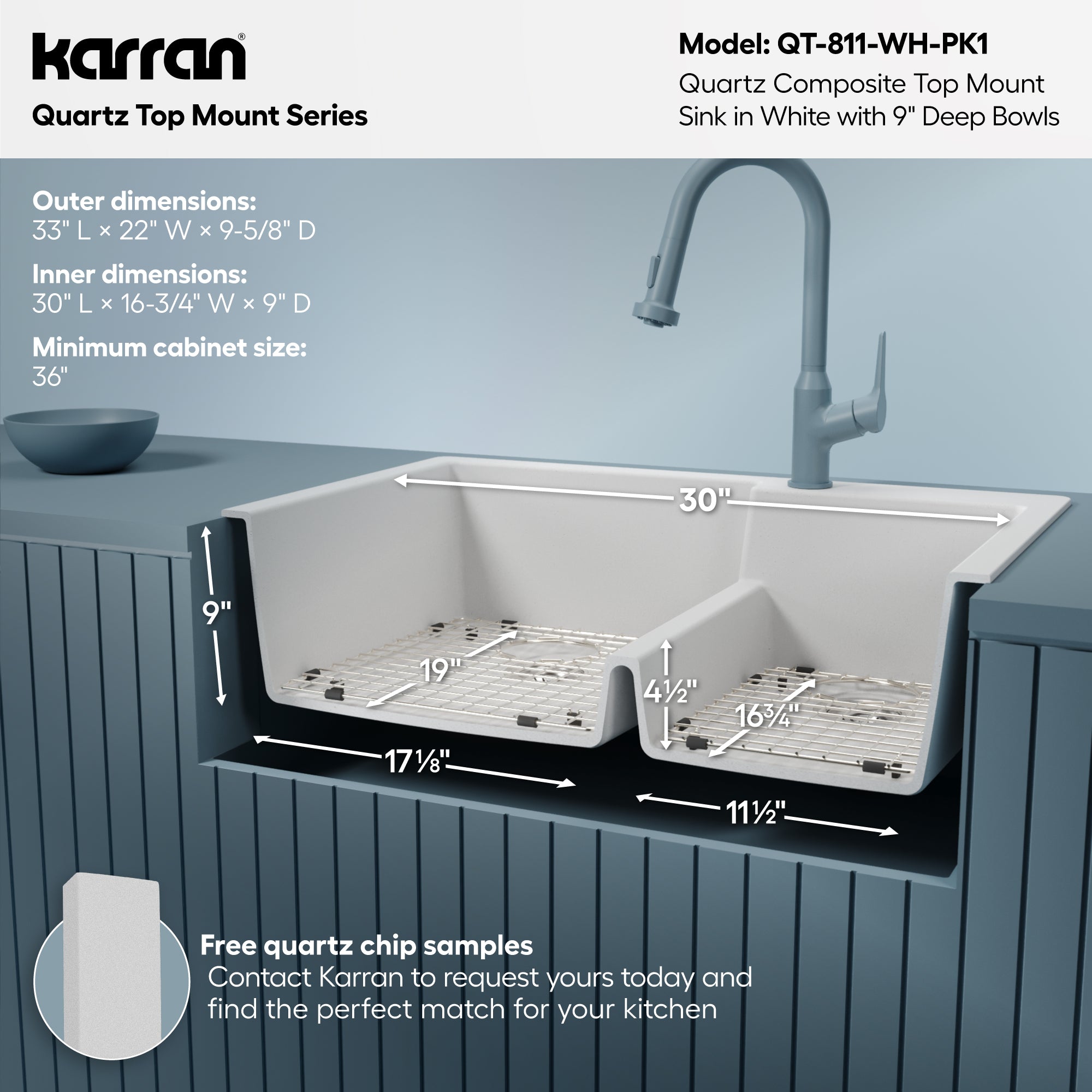 Alternative View of Karran 33" Drop In/Topmount Quartz Composite Kitchen Sink with Accessories, 60/40 Double Bowl, White, QT-811-WH-PK1