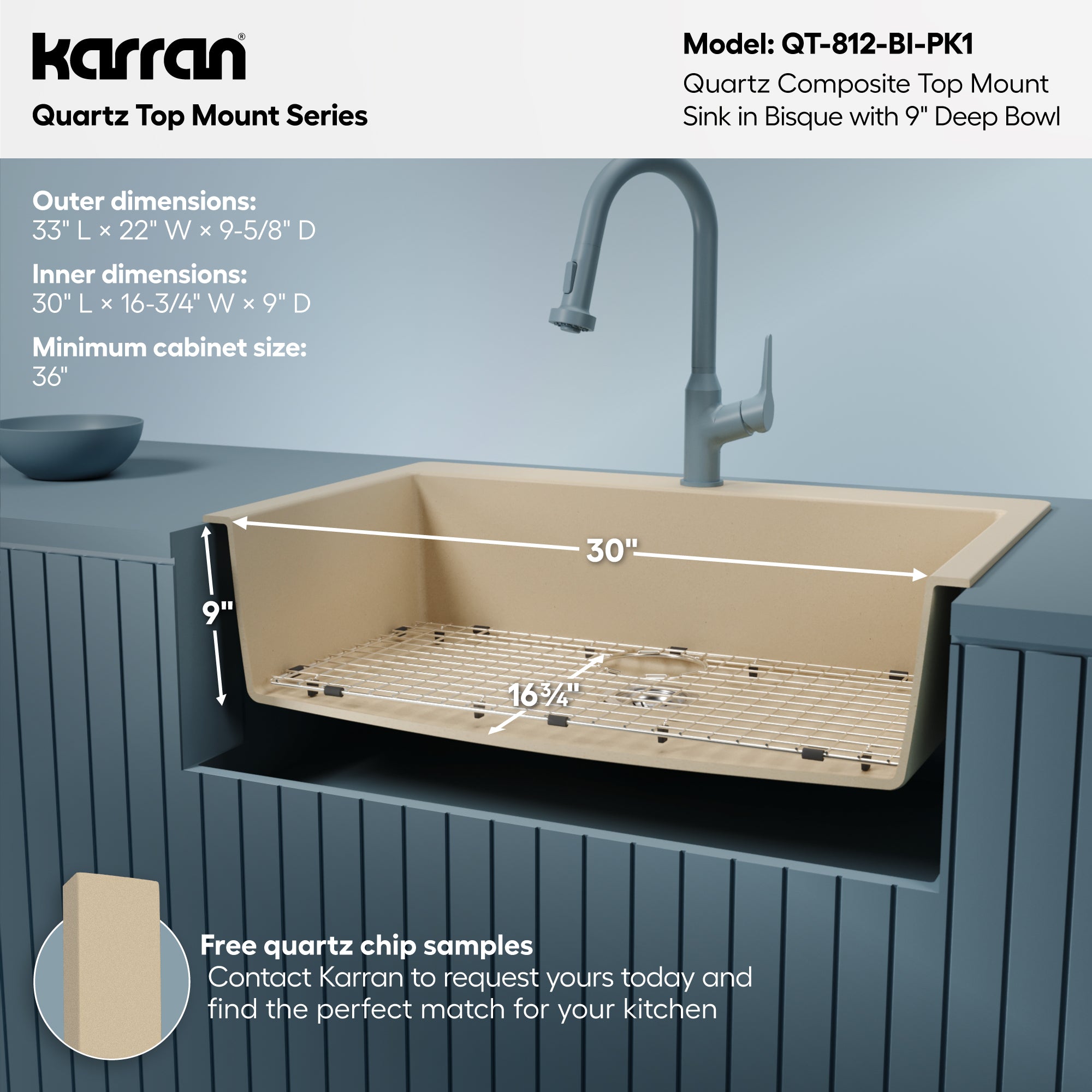 Alternative View of Karran 33" Drop In/Topmount Quartz Composite Kitchen Sink with Accessories, Bisque, QT-812-BI-PK1