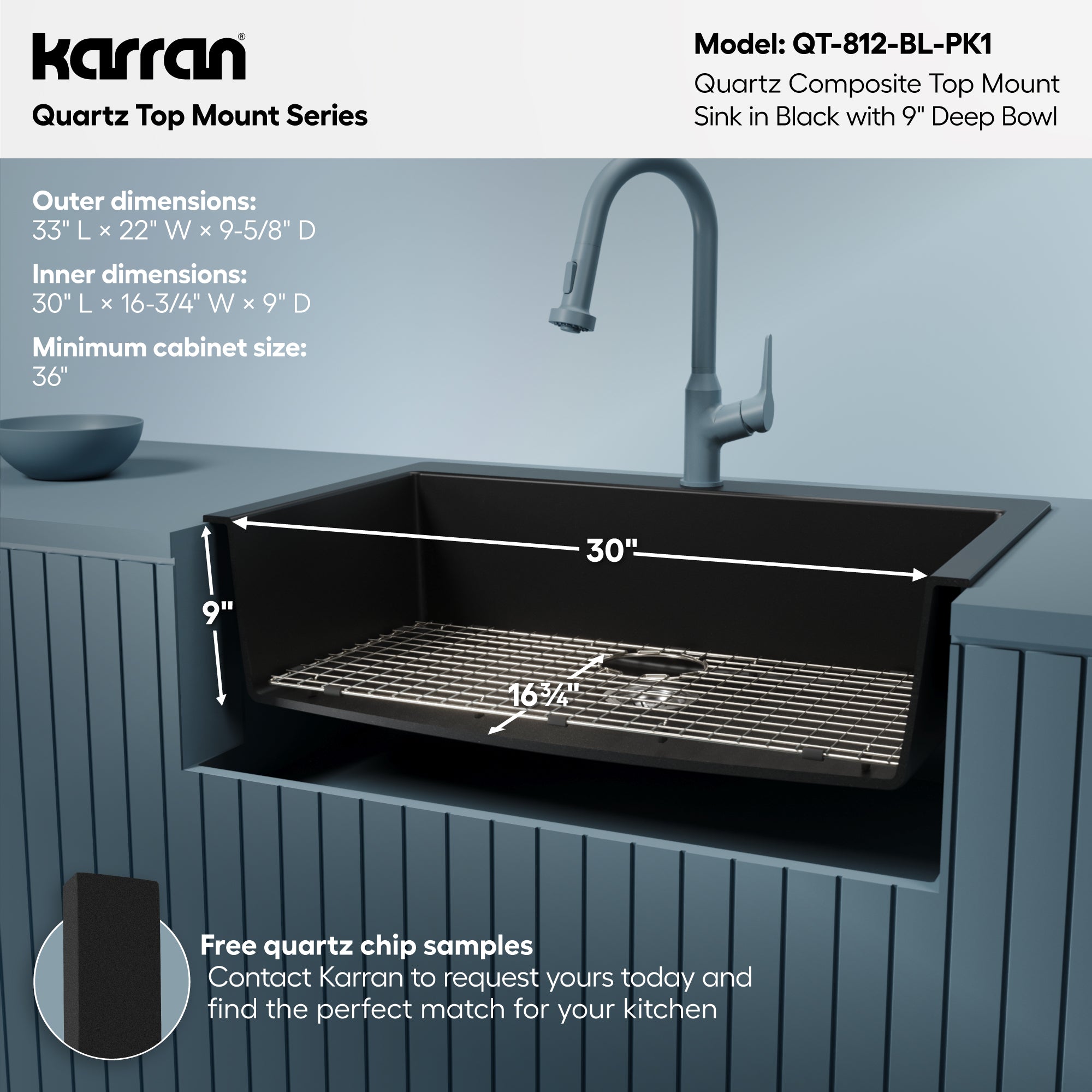 Alternative View of Karran 33" Drop In/Topmount Quartz Composite Kitchen Sink with Accessories, Black, QT-812-BL-PK1