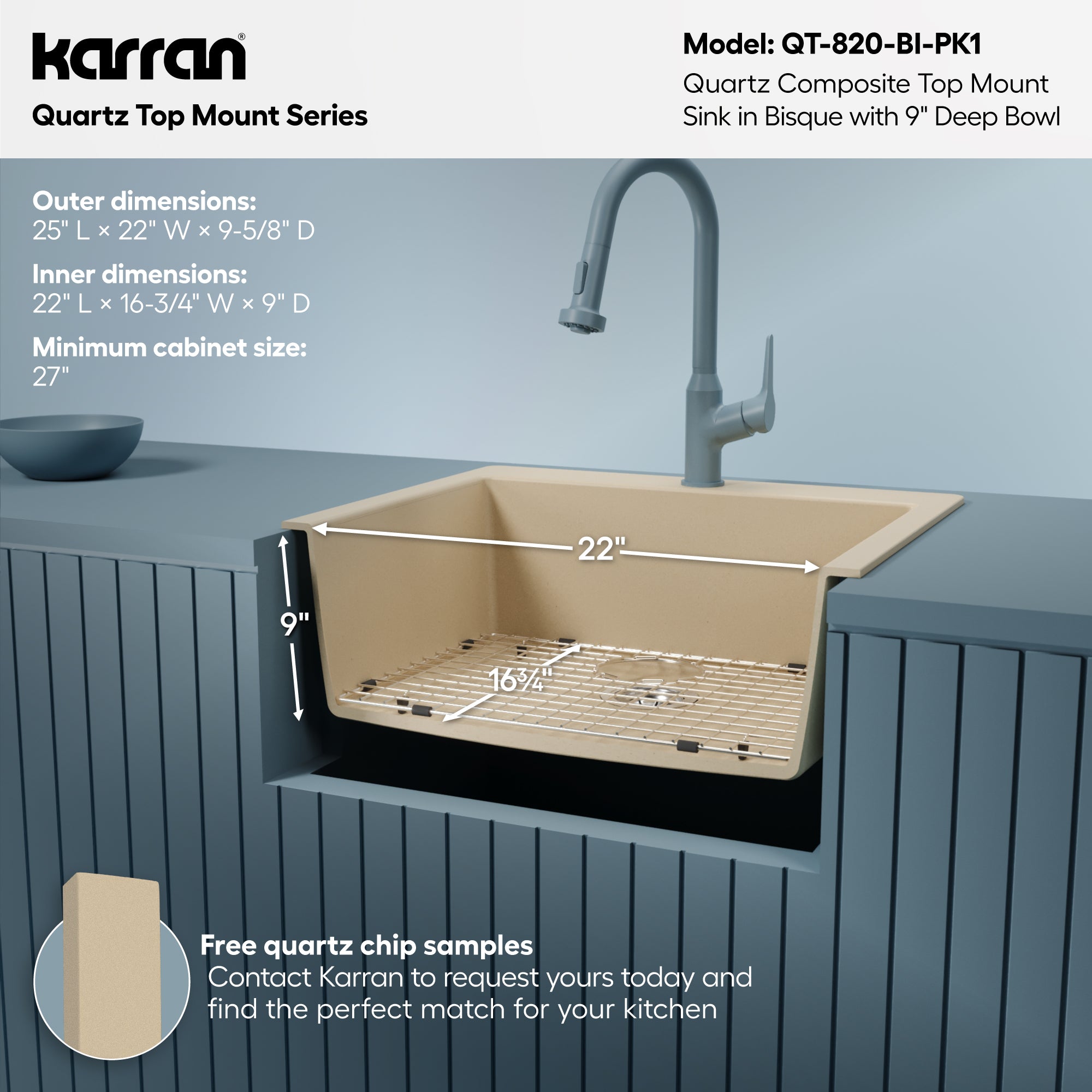 Alternative View of Karran 25" Drop In/Topmount Quartz Composite Kitchen Sink with Accessories, Bisque, QT-820-BI-PK1