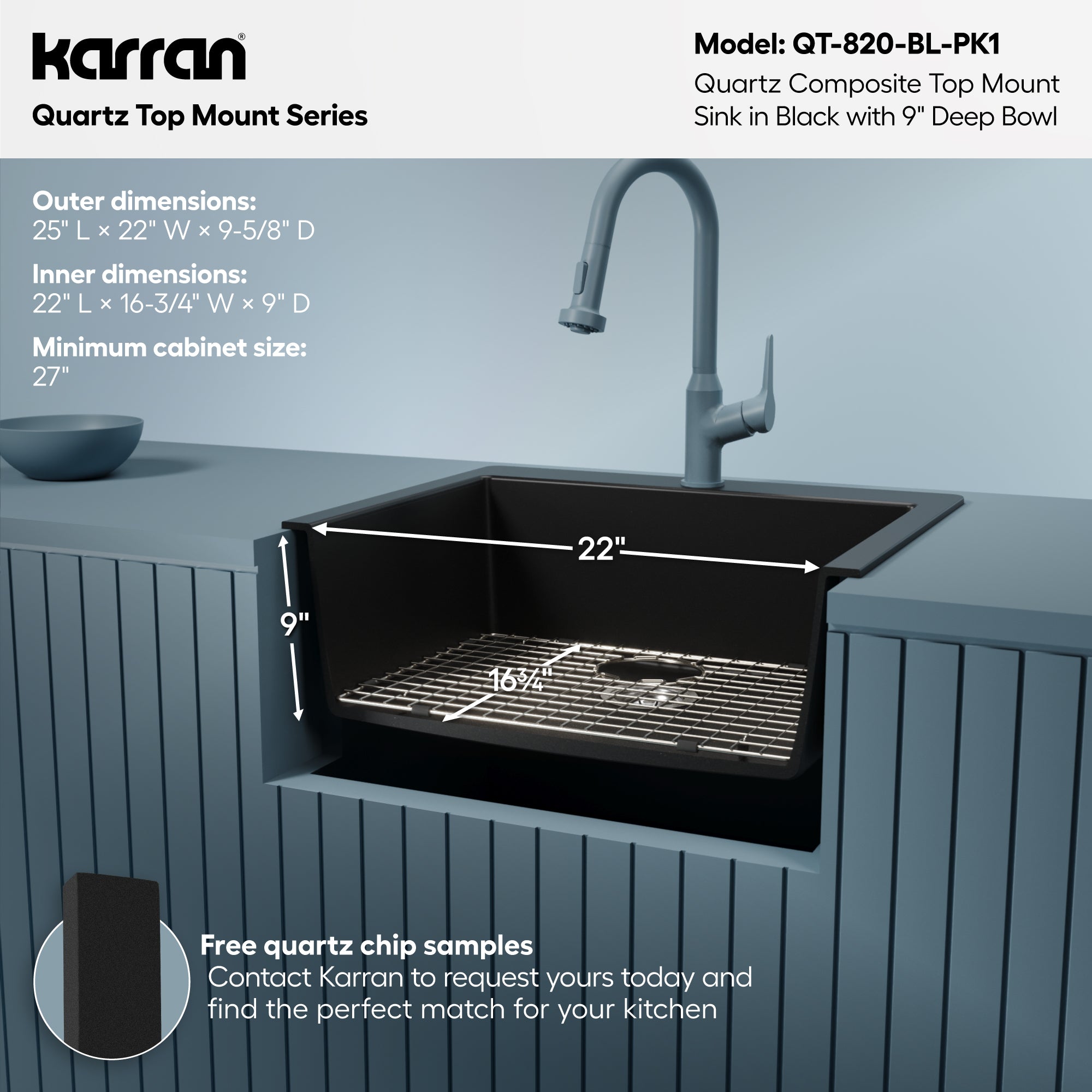 Alternative View of Karran 25" Drop In/Topmount Quartz Composite Kitchen Sink with Accessories, Black, QT-820-BL-PK1
