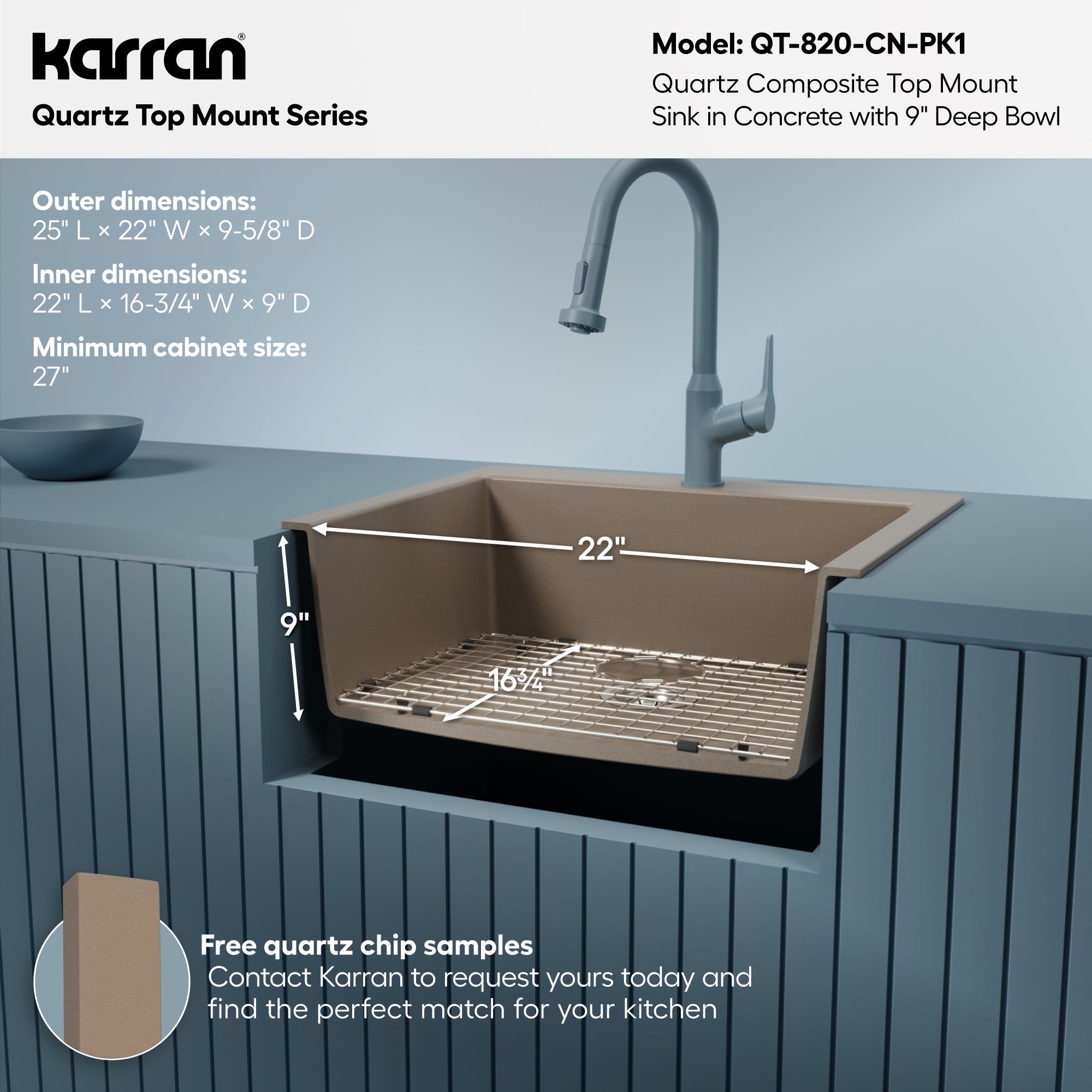Alternative View of Karran 25" Drop In/Topmount Quartz Composite Kitchen Sink with Accessories, Concrete, QT-820-CN-PK1