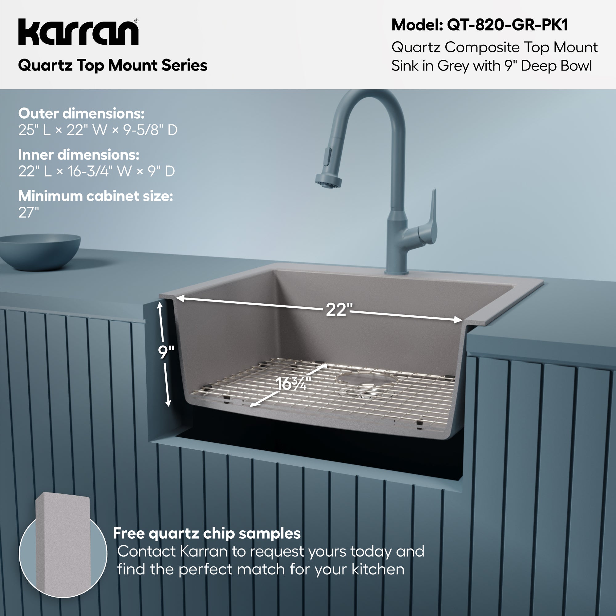 Alternative View of Karran 25" Drop In/Topmount Quartz Composite Kitchen Sink with Accessories, Grey, QT-820-GR-PK1