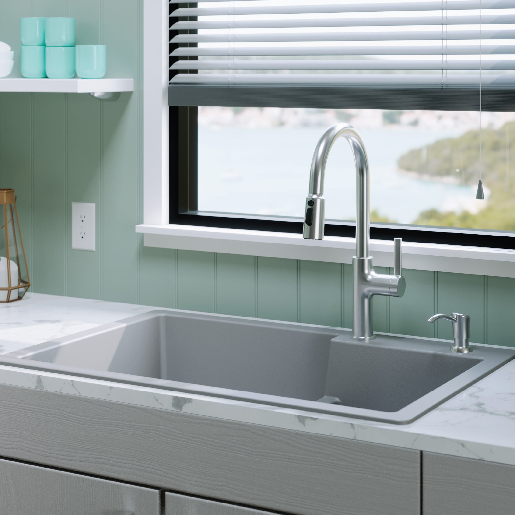 Alternative View of Karran 33" Drop In/Topmount Quartz Composite Kitchen Sink, 60/40 Double Bowl, Grey, QT-811-GR