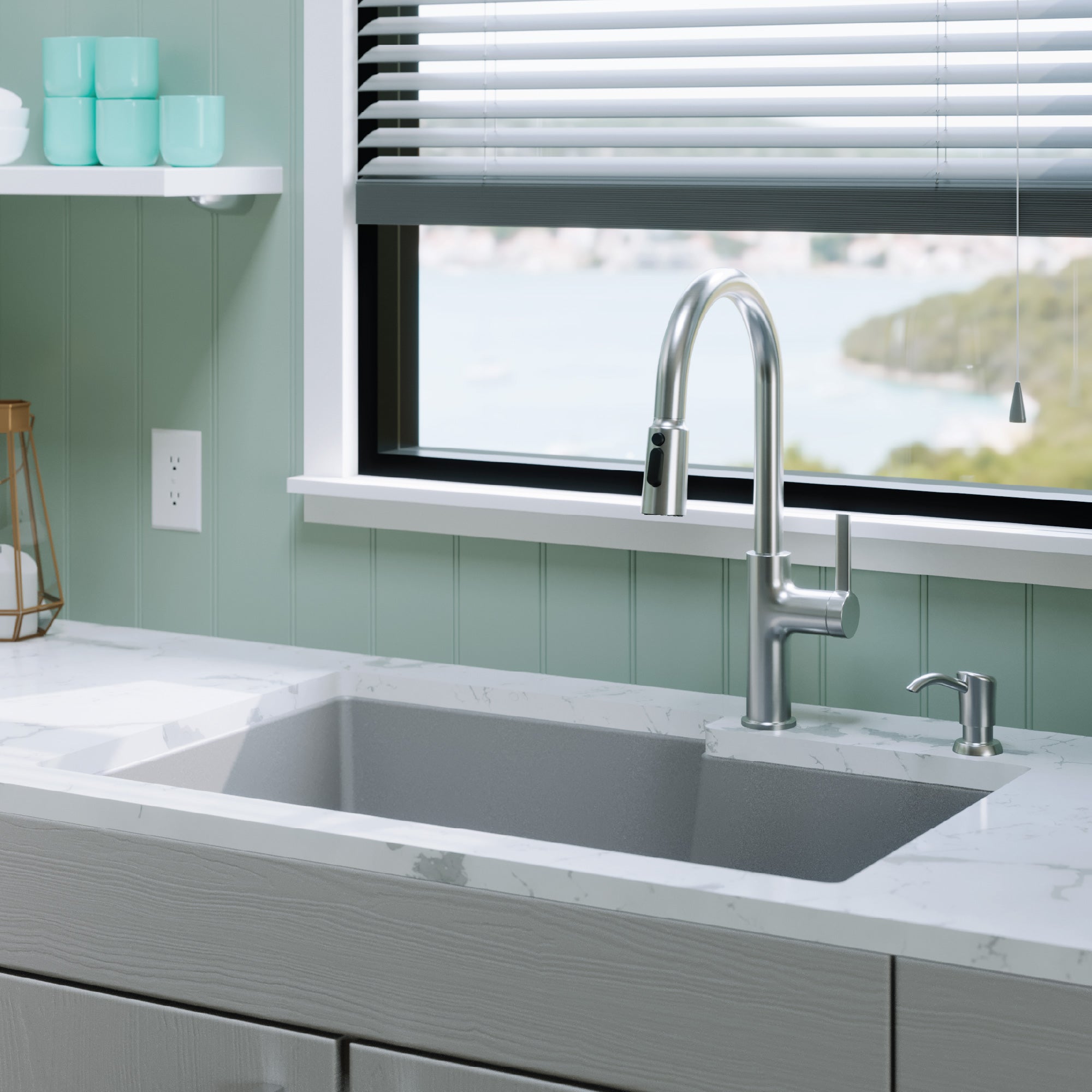 Alternative View of Karran 32" Undermount Quartz Composite Kitchen Sink, 60/40 Double Bowl, Grey, QU-811-GR