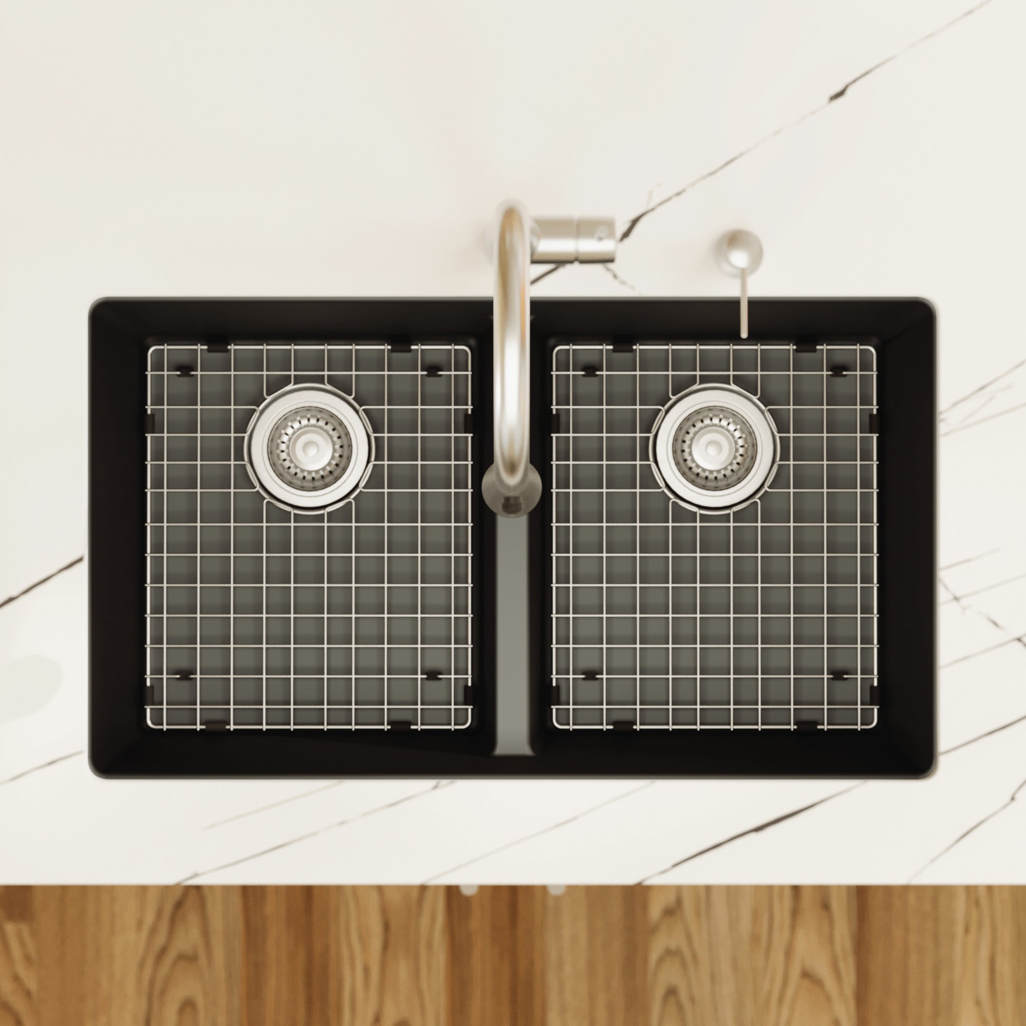 Alternative View of Karran 32" Undermount Quartz Composite Kitchen Sink with Accessories, 50/50 Double Bowl, Black, QU-810-BL-PK1