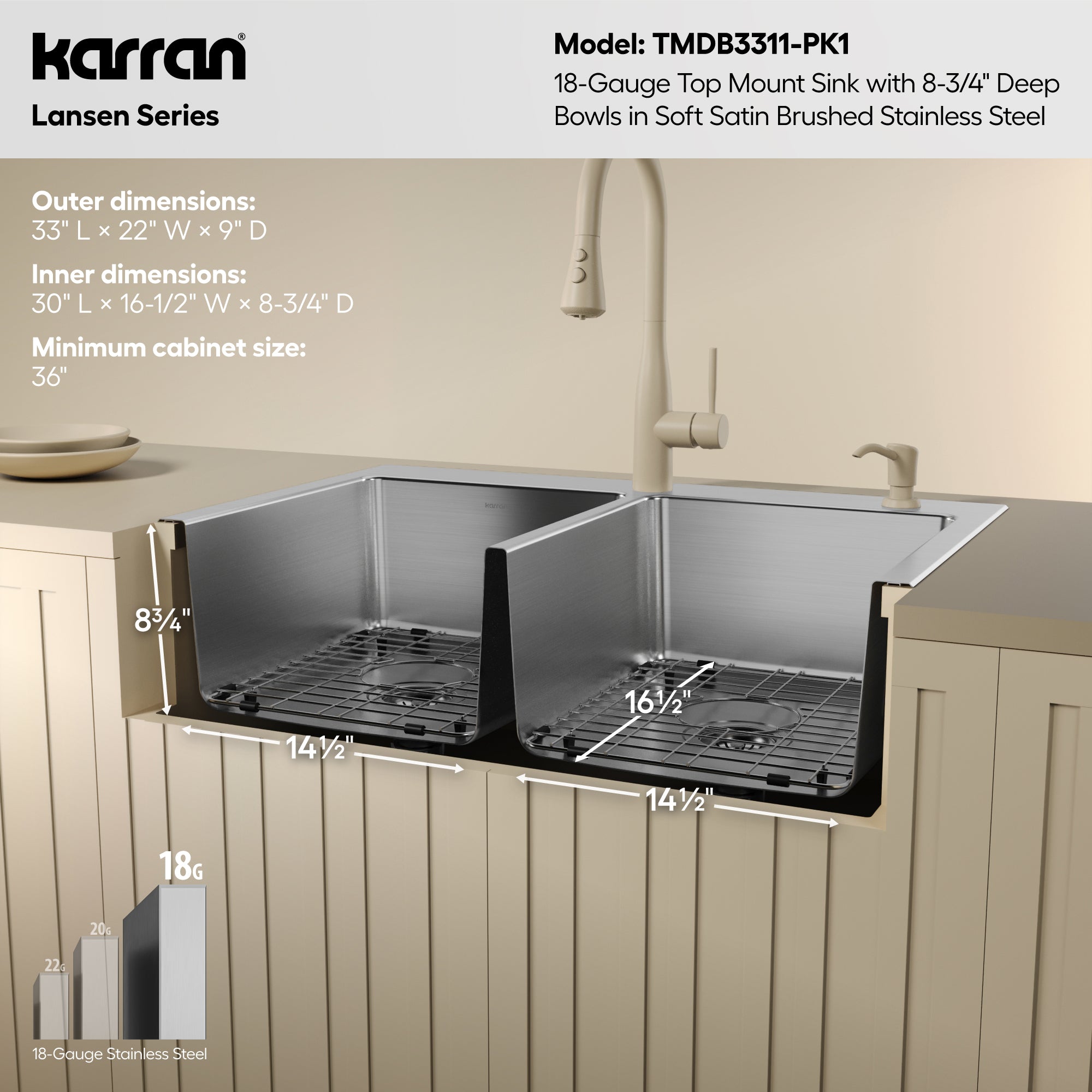 Karran lansen 33 stainless steel kitchen sink 50/50 double bowl informational image