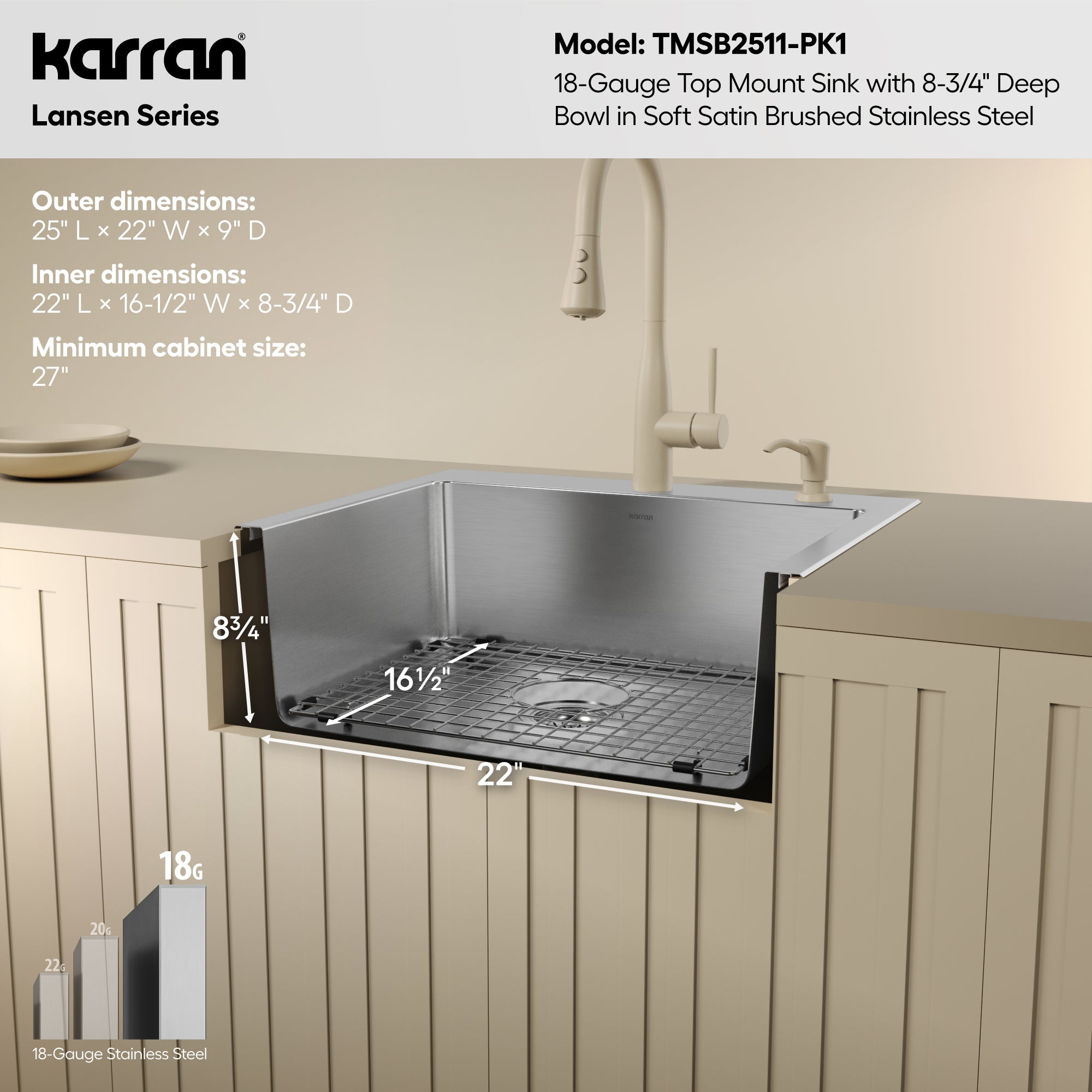 Karran lansen 25 stainless steel kitchen sink 18 gauge informational image