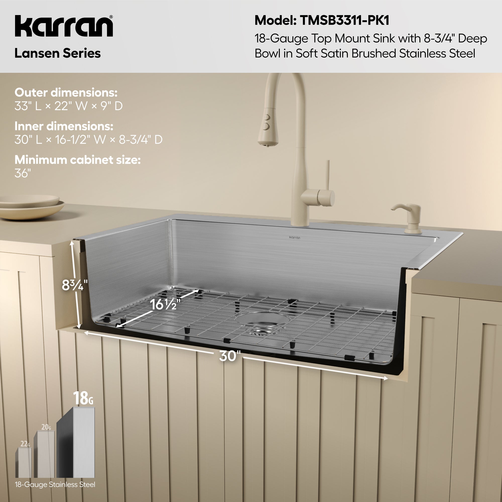 Karran lansen 33 stainless steel kitchen sink 18 gauge informational image