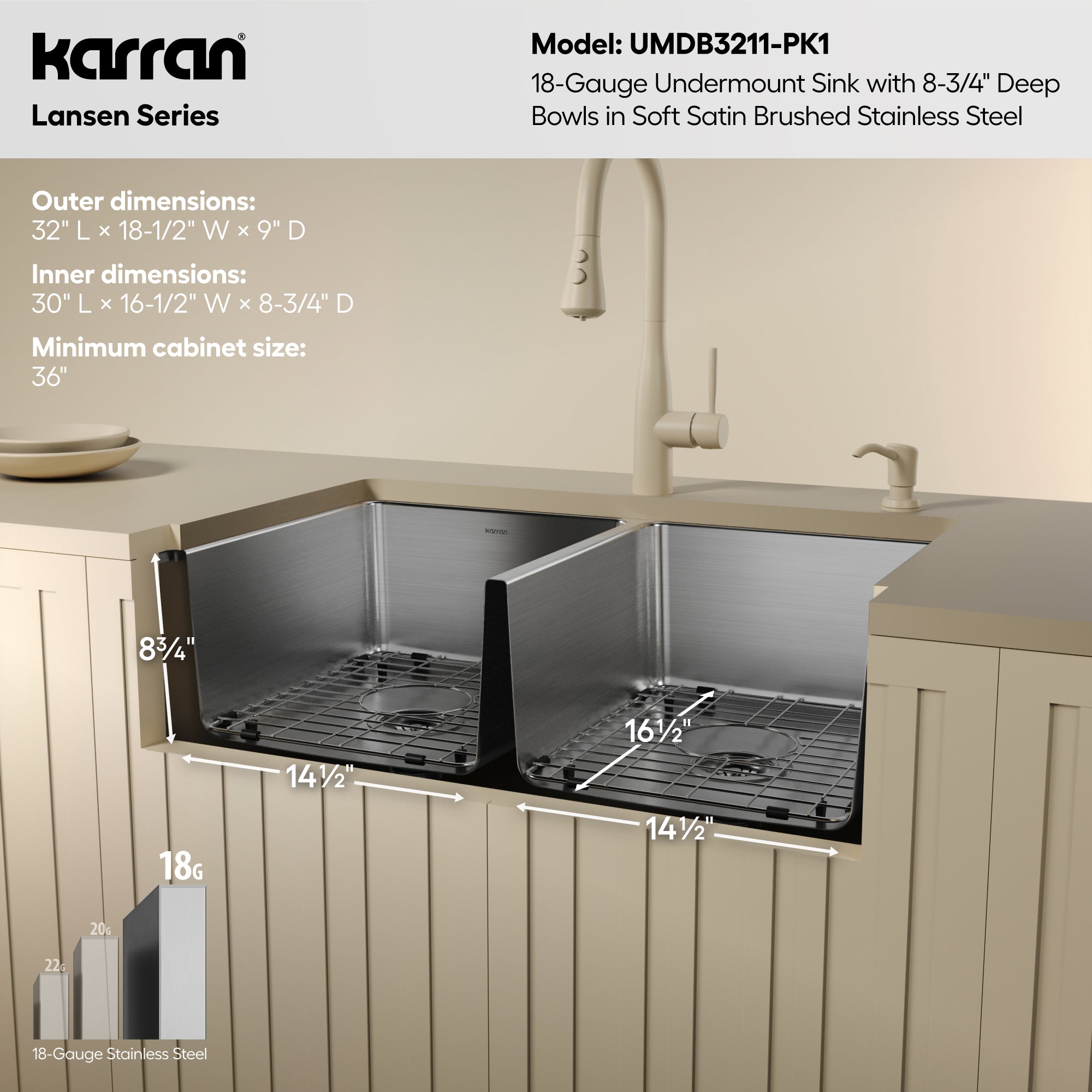 Karran lansen 32 stainless steel kitchen sink 50/50 double bowl informational image