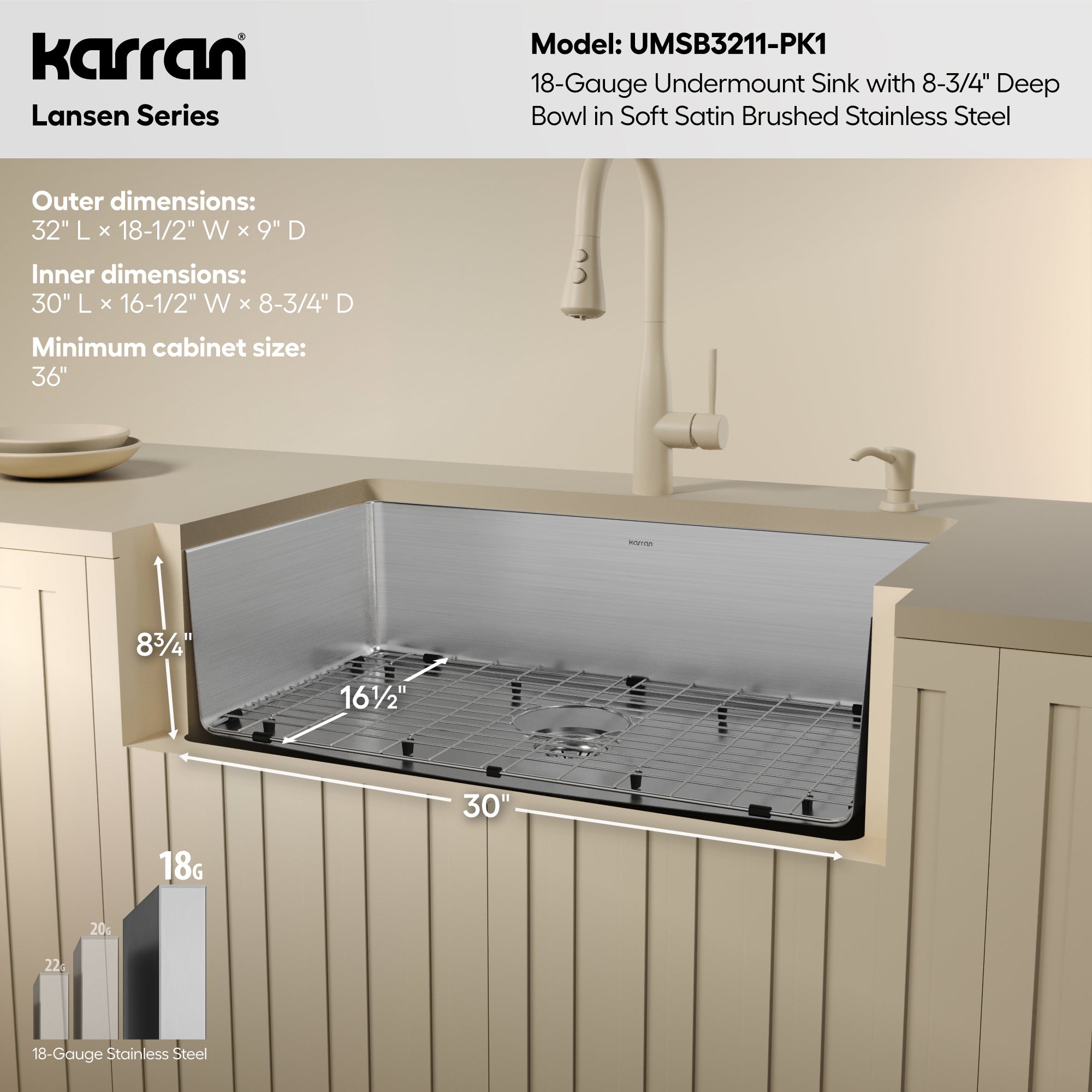 Karran lansen 32 stainless steel kitchen sink 18 gauge informational image