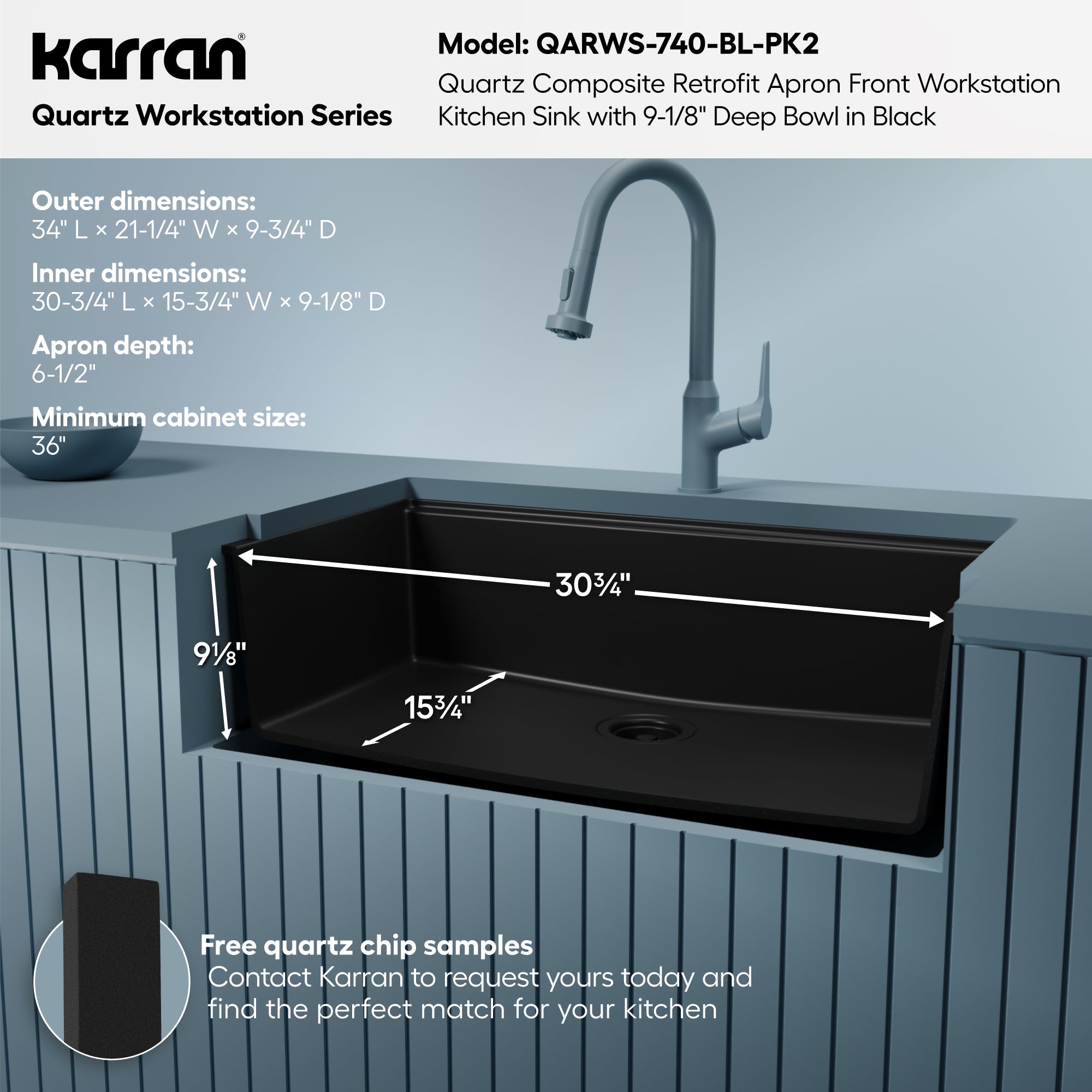 Karran 34 quartz composite retrofit workstation farmhouse sink black informational image