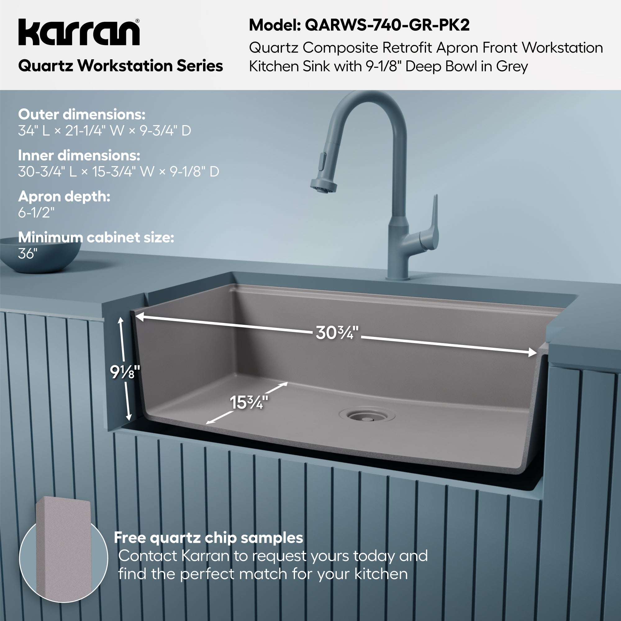 Karran 34 quartz composite retrofit workstation farmhouse sink grey informational image