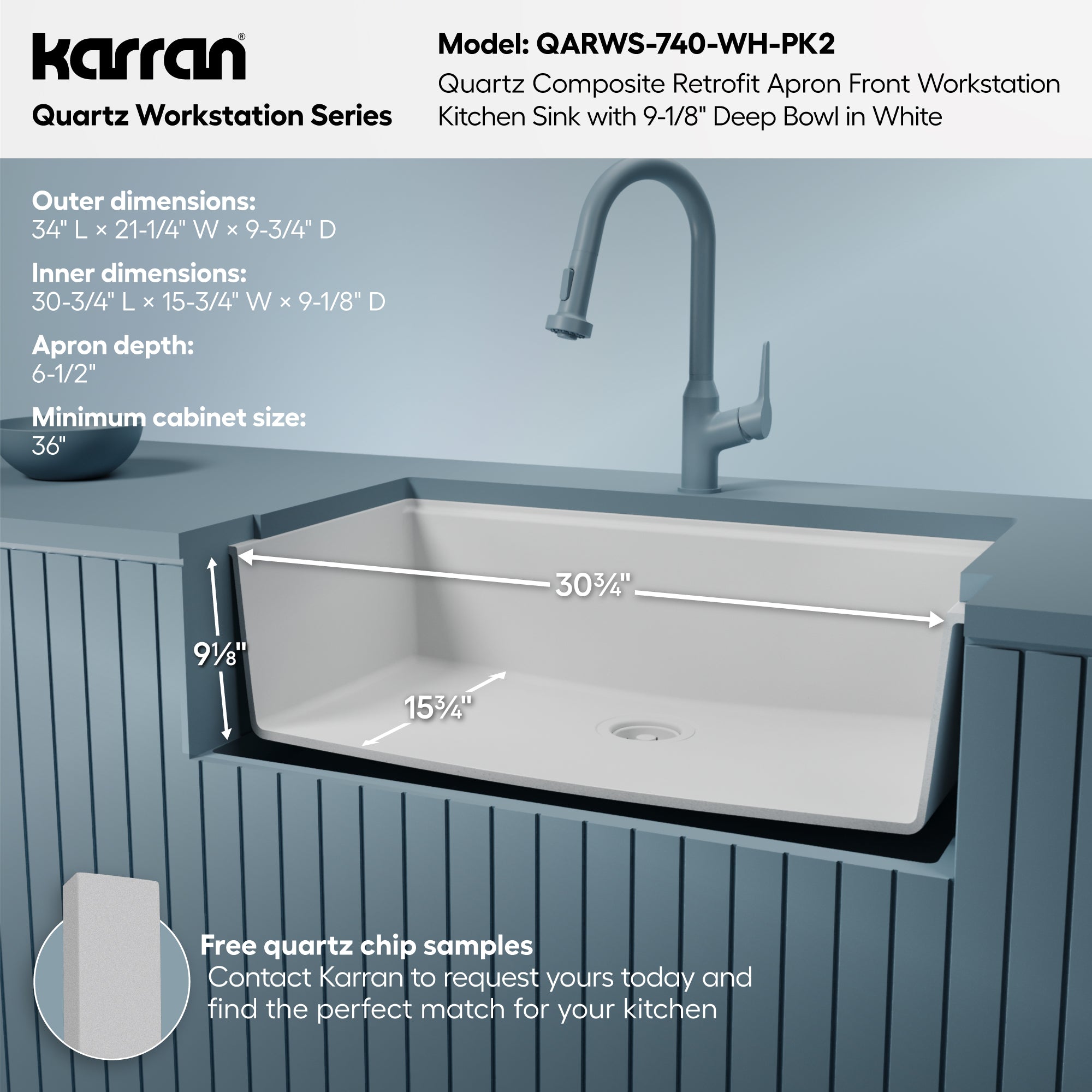 Karran 34 quartz composite retrofit workstation farmhouse sink white informational image