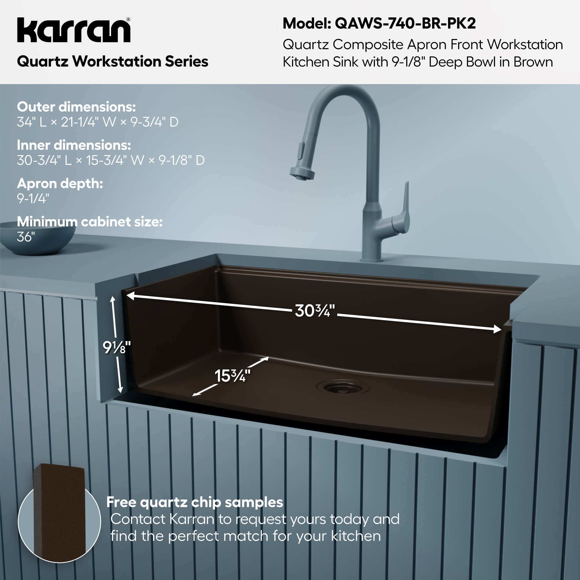Karran 34 quartz composite workstation farmhouse sink brown informational image