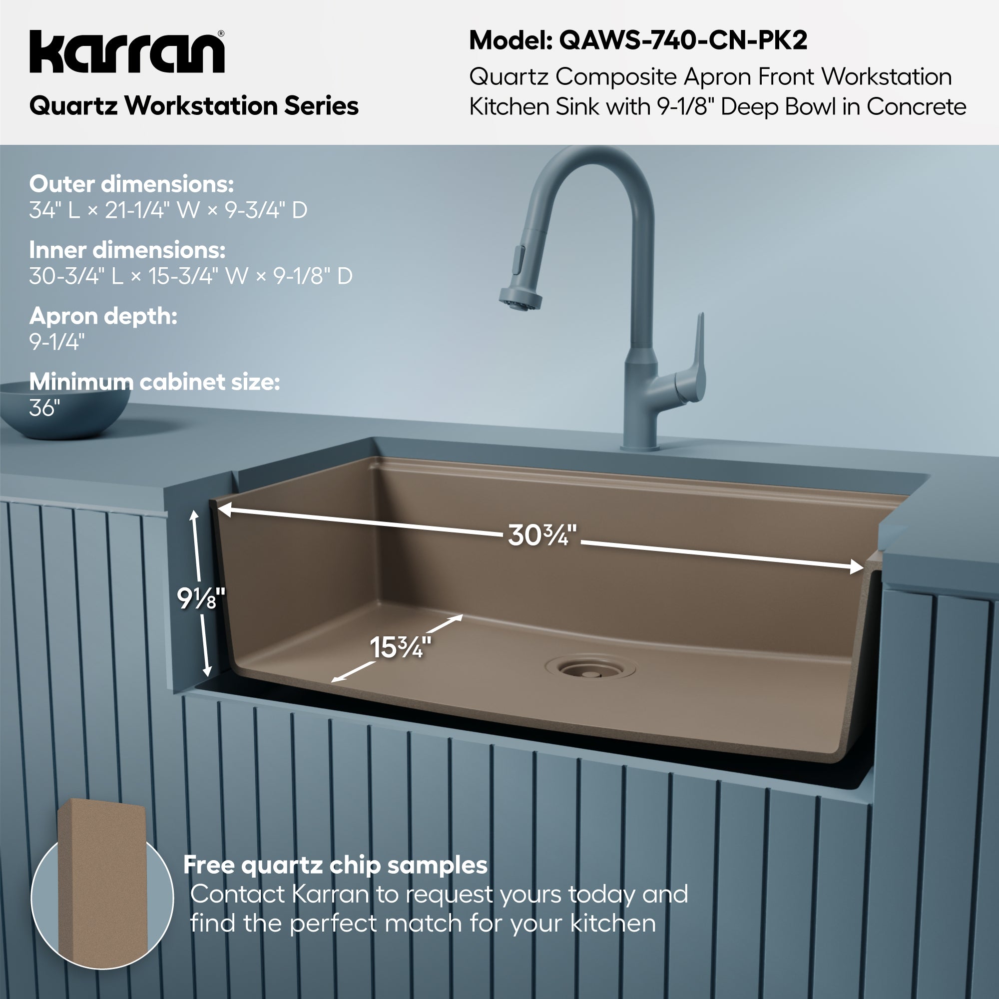 Karran 34 quartz composite workstation farmhouse sink concrete informational image
