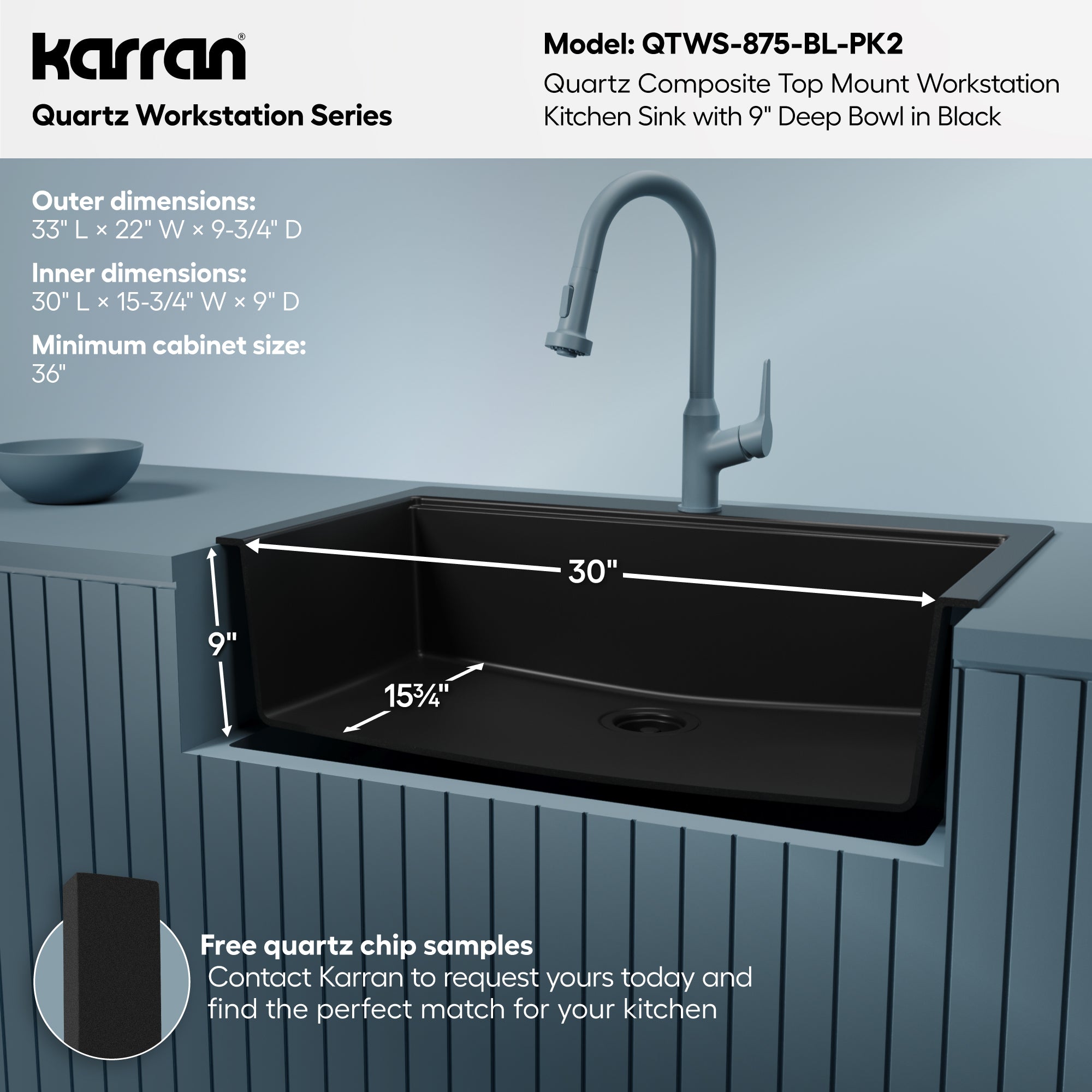 Karran 33 quartz composite workstation kitchen sink black informational image