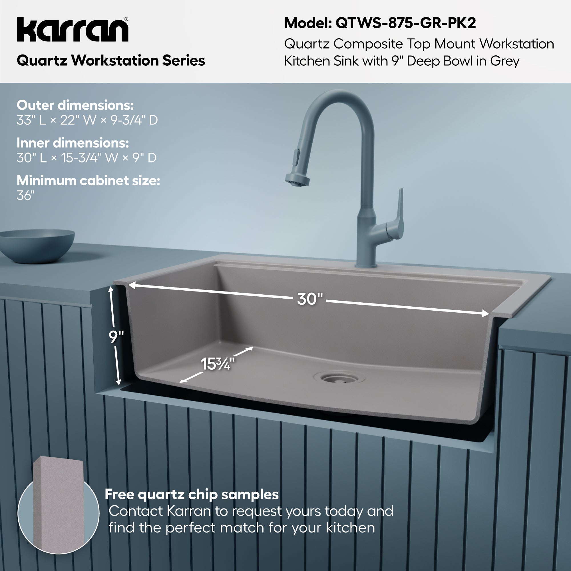 Karran 33 quartz composite workstation kitchen sink grey informational image