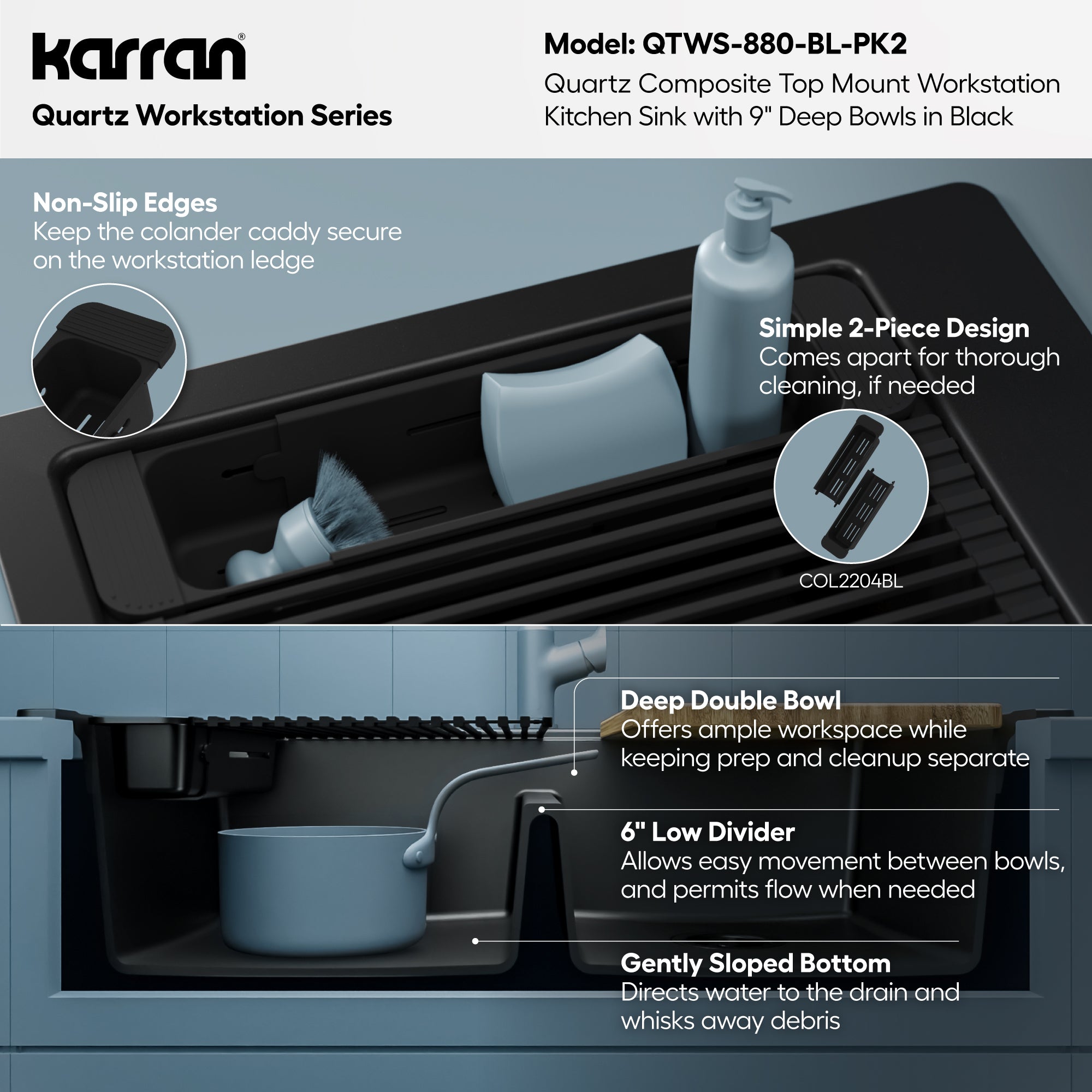 Karran 33 quartz composite workstation kitchen sink 50/50 double bowl black informational image