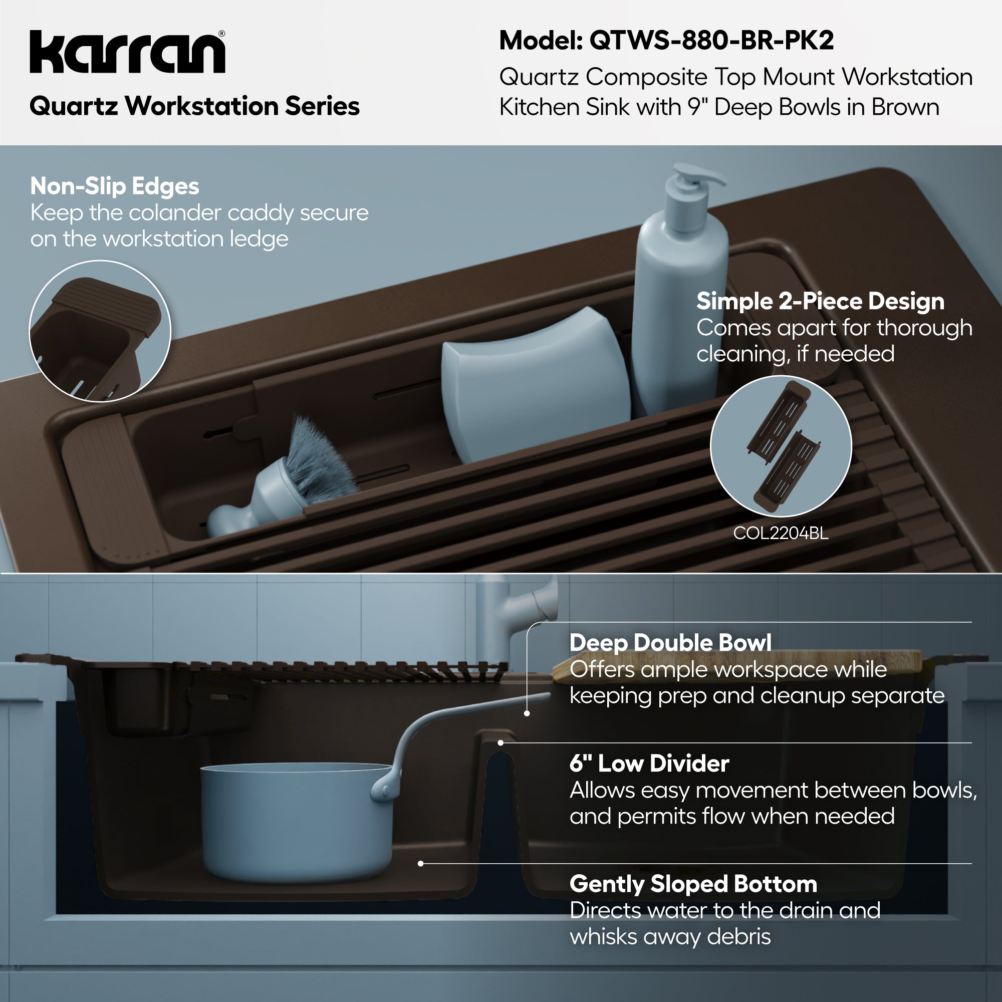 Karran 33 quartz composite workstation kitchen sink 50/50 double bowl brown informational image