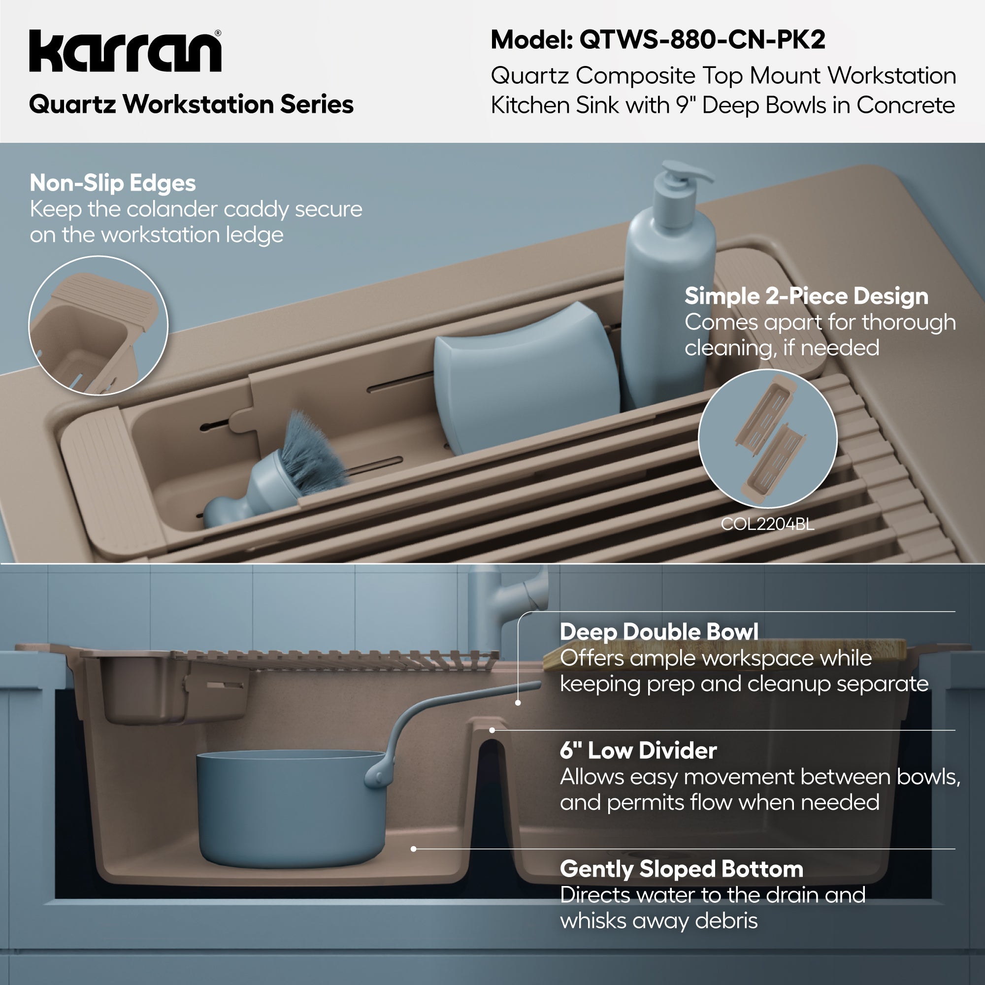 Karran 33 quartz composite workstation kitchen sink 50/50 double bowl concrete informational image