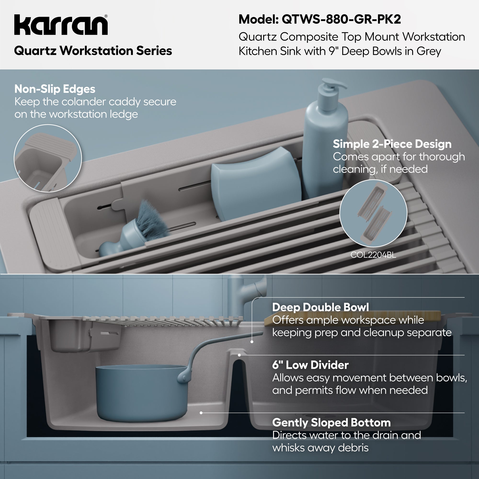 Karran 33 quartz composite workstation kitchen sink 50/50 double bowl grey informational image