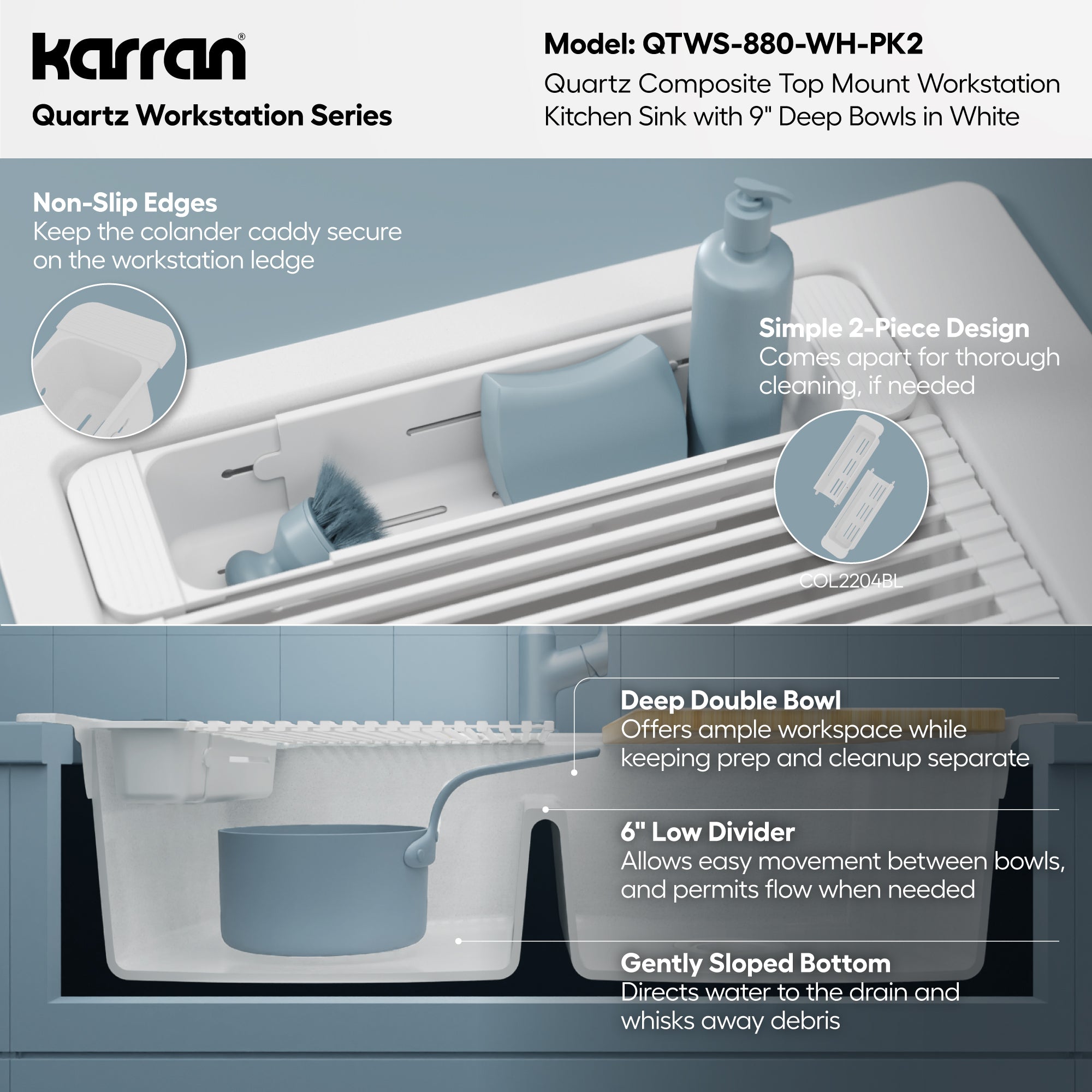 Karran 33 quartz composite workstation kitchen sink 50/50 double bowl white informational image