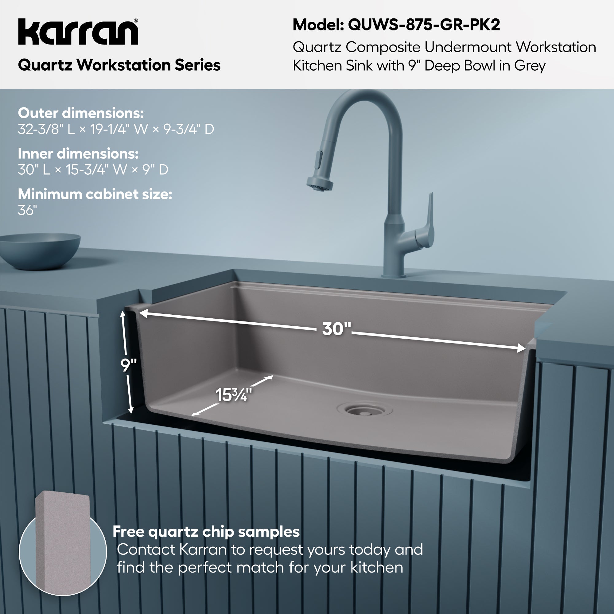 Karran 32 quartz composite workstation kitchen sink grey informational image