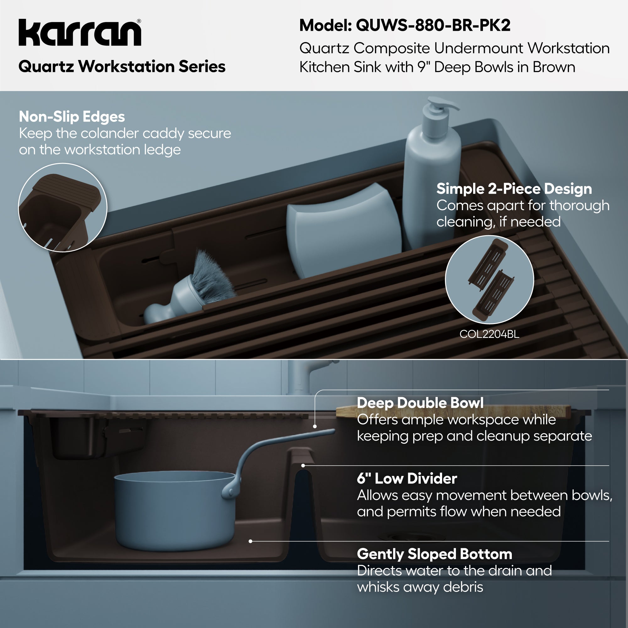 Karran 32 quartz composite workstation kitchen sink 50/50 double bowl brown informational image