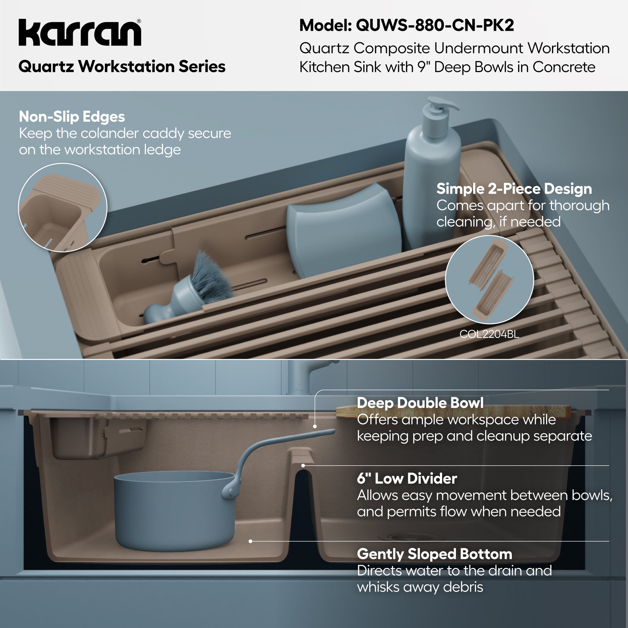 Karran 32 quartz composite workstation kitchen sink 50/50 double bowl concrete informational image