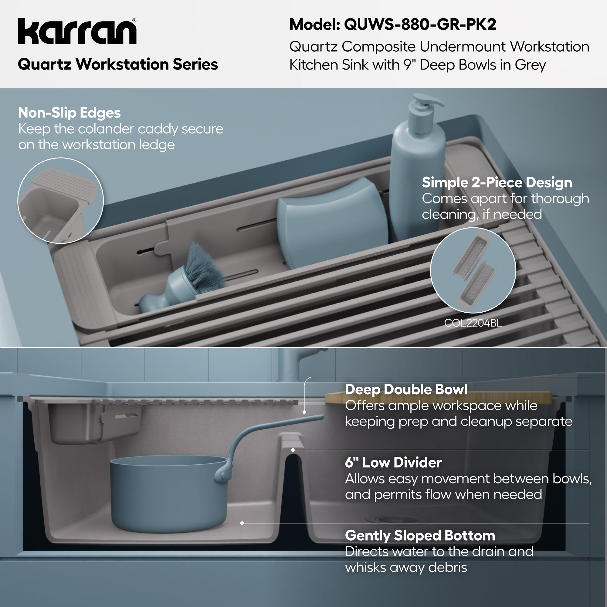Karran 32 quartz composite workstation kitchen sink 50/50 double bowl grey informational image