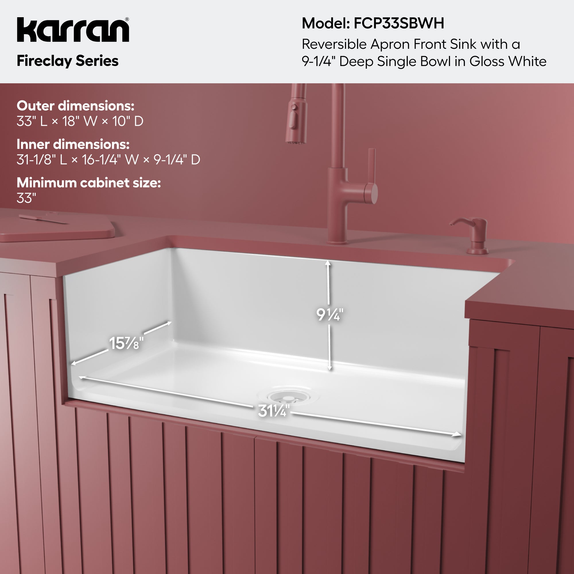 Alternative View of Karran Fireclay 33" Fireclay Farmhouse Sink with Accessories, White, FCP33SBWH