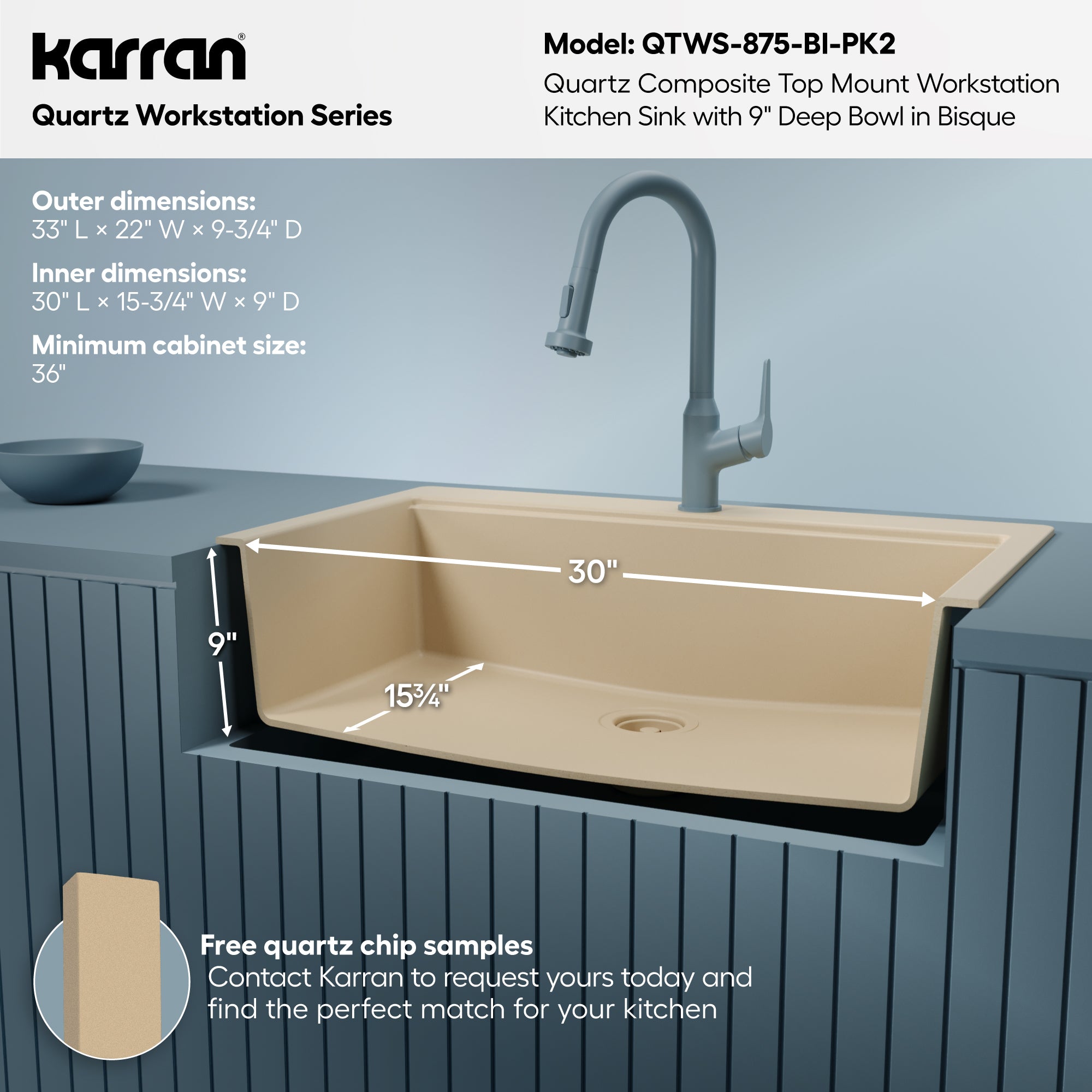 Karran 33 quartz composite workstation kitchen sink bisque informational image