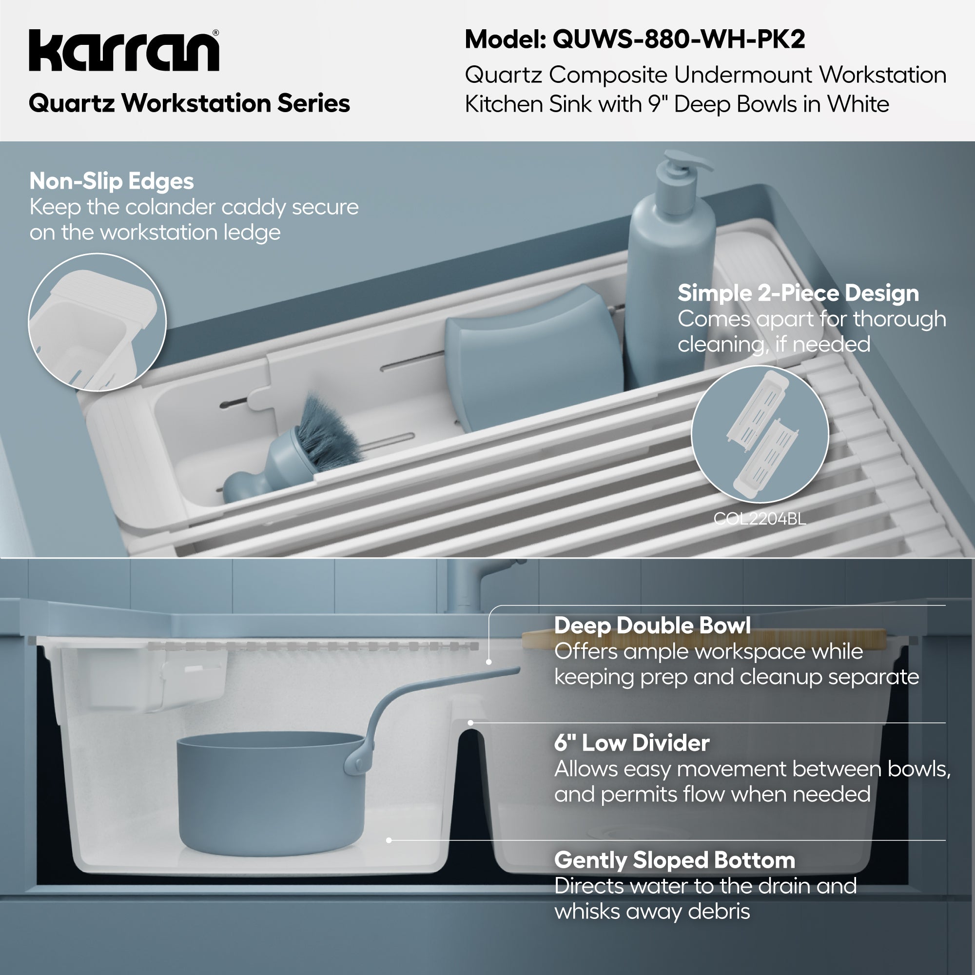 Karran 32 quartz composite workstation kitchen sink 50/50 double bowl white informational image