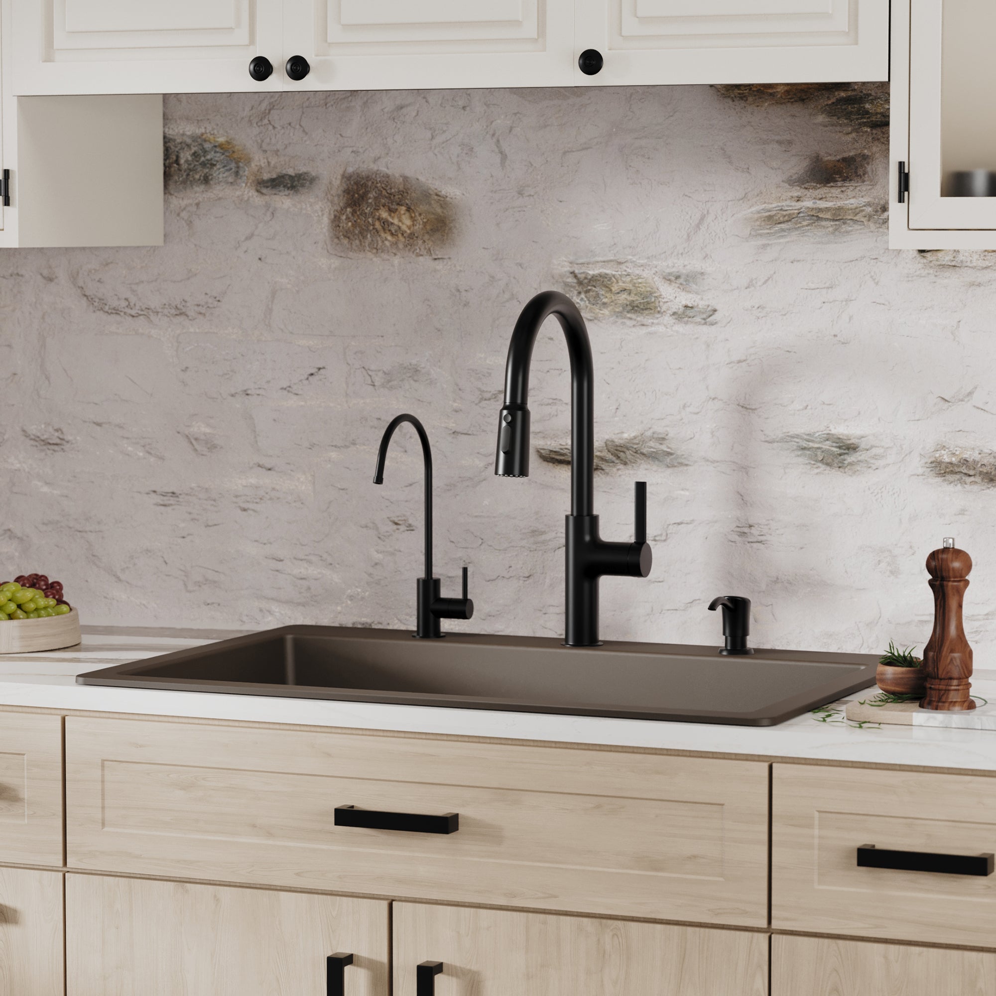 Alternative View of Karran 33" Drop In/Topmount Quartz Composite Kitchen Sink, Brown, QT-812-BR