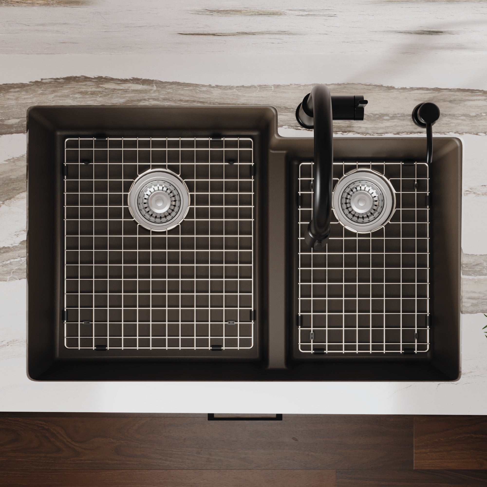 Alternative View of Karran 32" Undermount Quartz Composite Kitchen Sink with Accessories, 60/40 Double Bowl, Brown, QU-811-BR-PK1