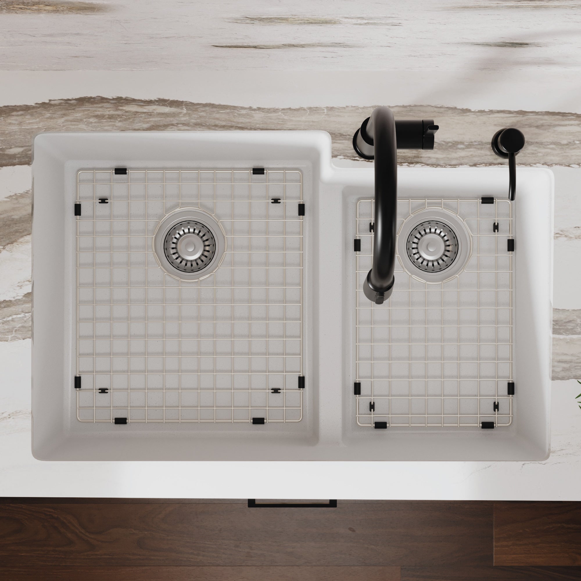 Alternative View of Karran 32" Undermount Quartz Composite Kitchen Sink with Accessories, 60/40 Double Bowl, White, QU-811-WH-PK1