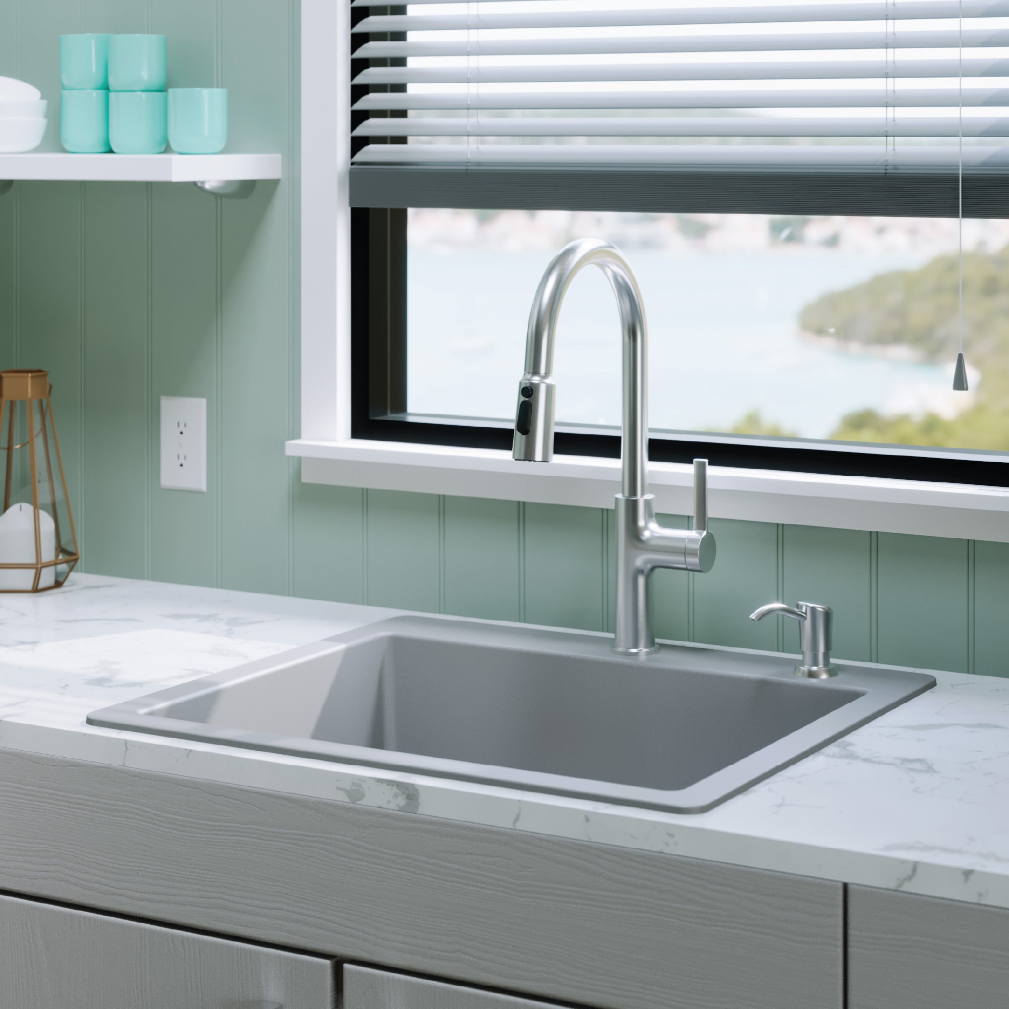 Alternative View of Karran 25" Drop In/Topmount Quartz Composite Kitchen Sink with Accessories, Grey, QT-820-GR-PK1