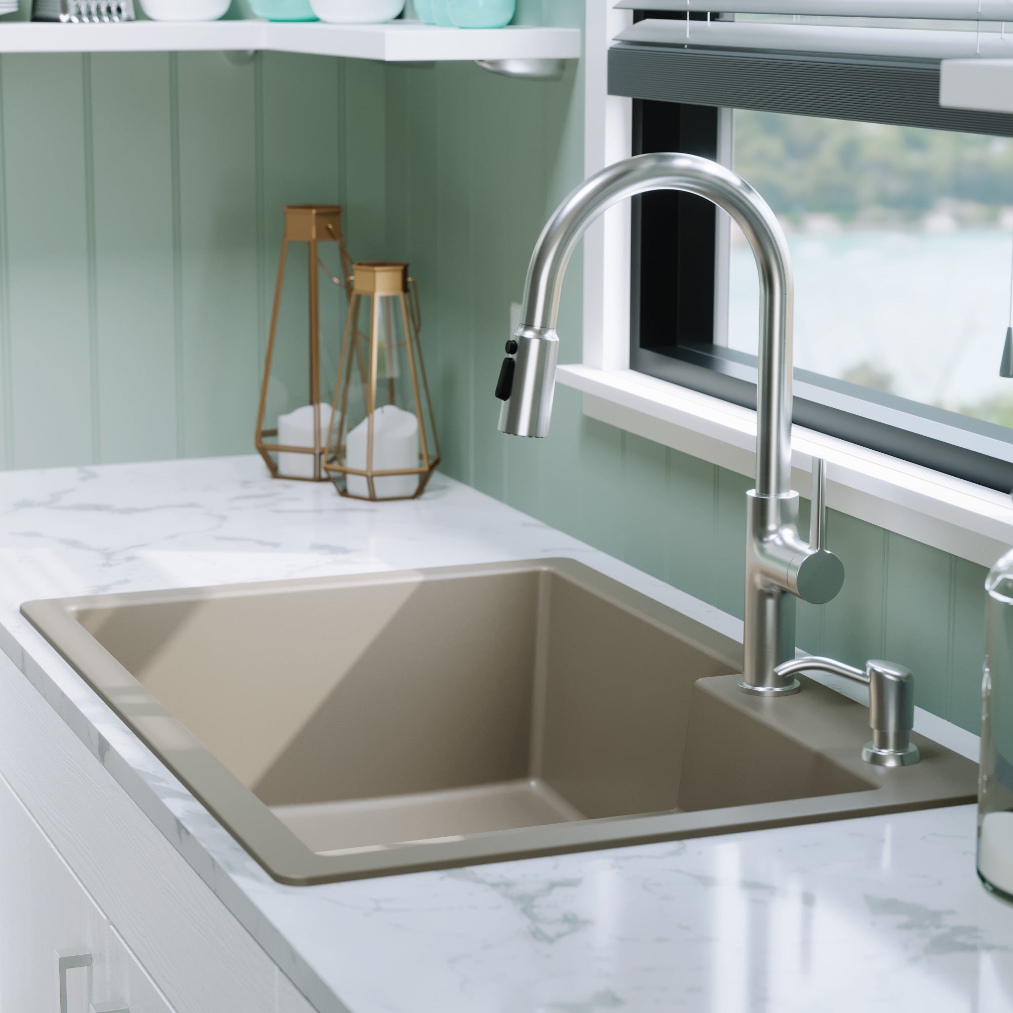 Alternative View of Karran 33" Drop In/Topmount Quartz Composite Kitchen Sink, 60/40 Double Bowl, Concrete, QT-811-CN
