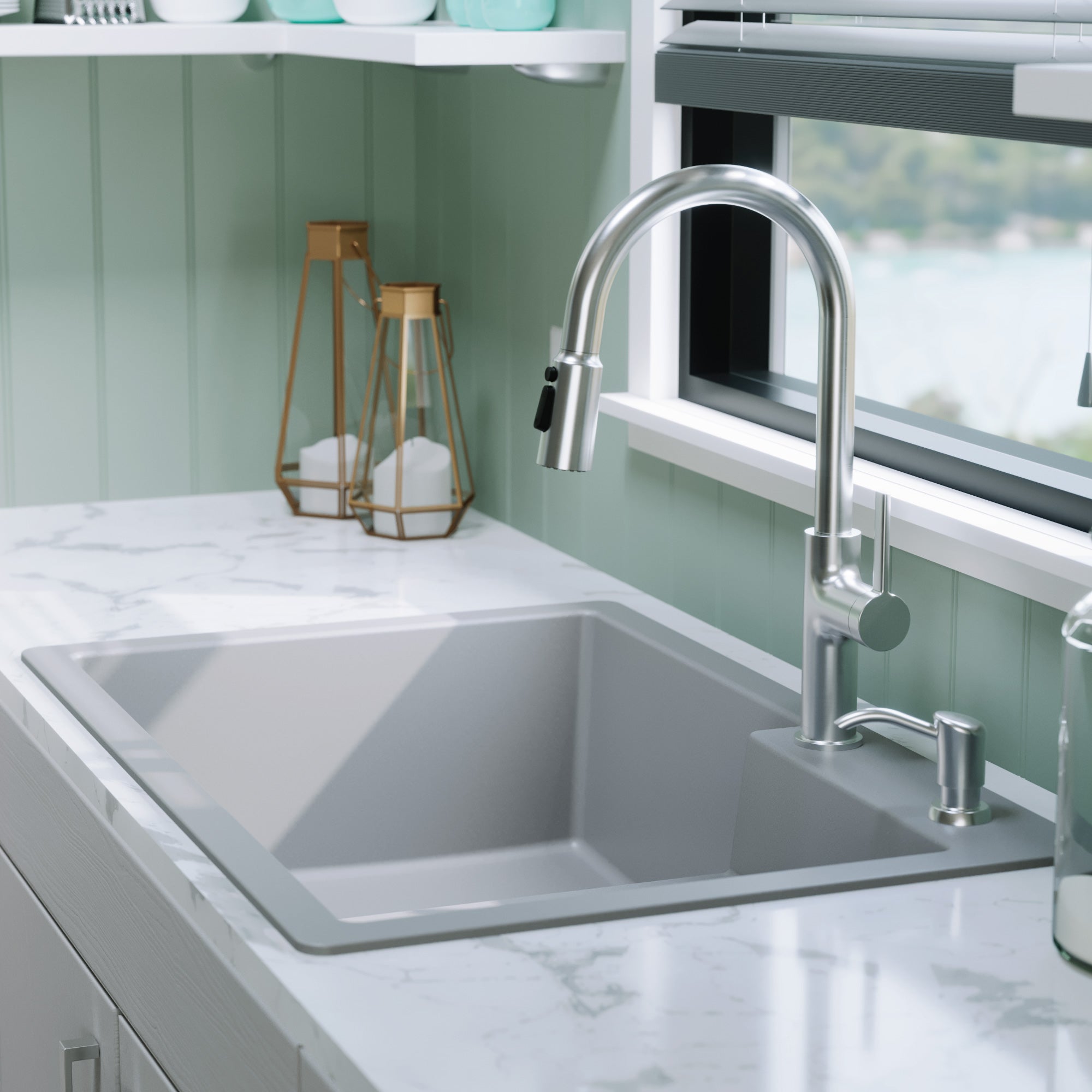 Alternative View of Karran 33" Drop In/Topmount Quartz Composite Kitchen Sink, 60/40 Double Bowl, Grey, QT-811-GR