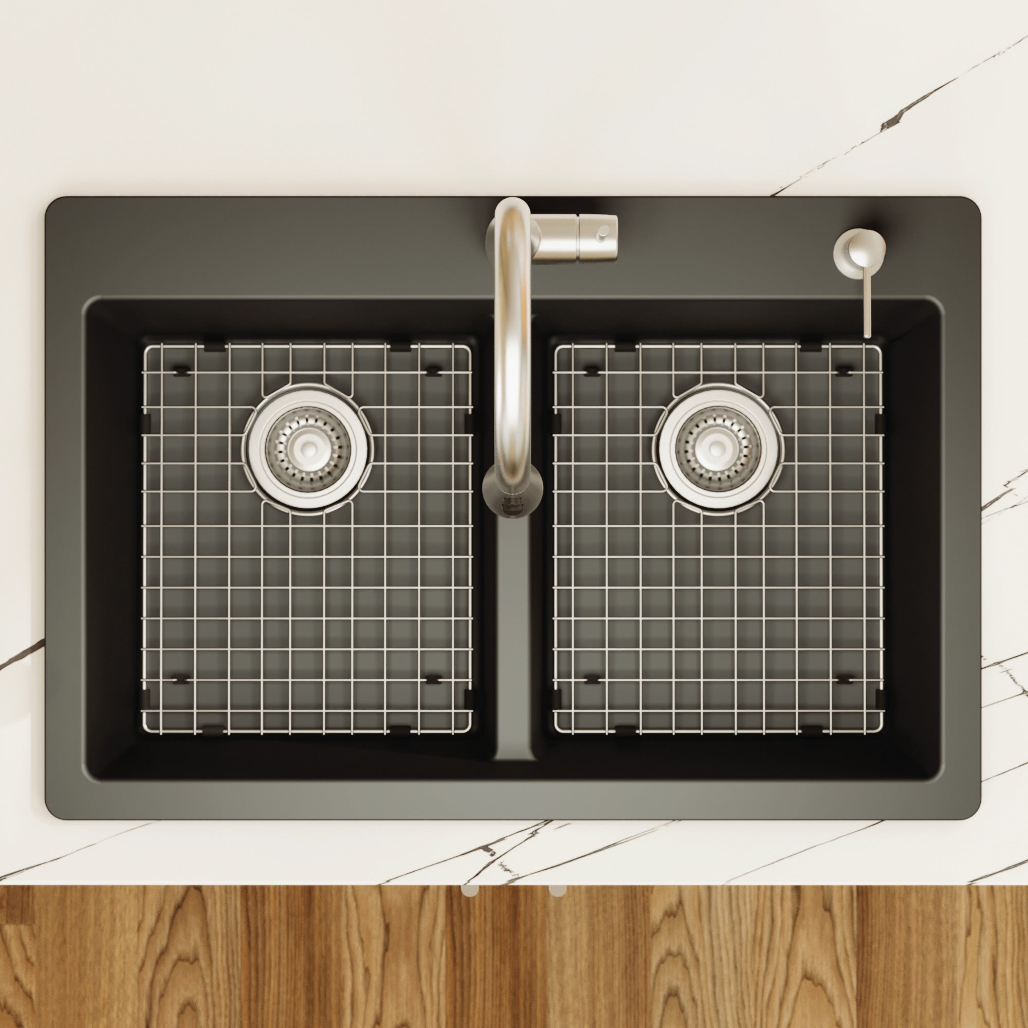 Alternative View of Karran 33" Drop In/Topmount Quartz Composite Kitchen Sink with Accessories, 50/50 Double Bowl, Black, QT-810-BL-PK1