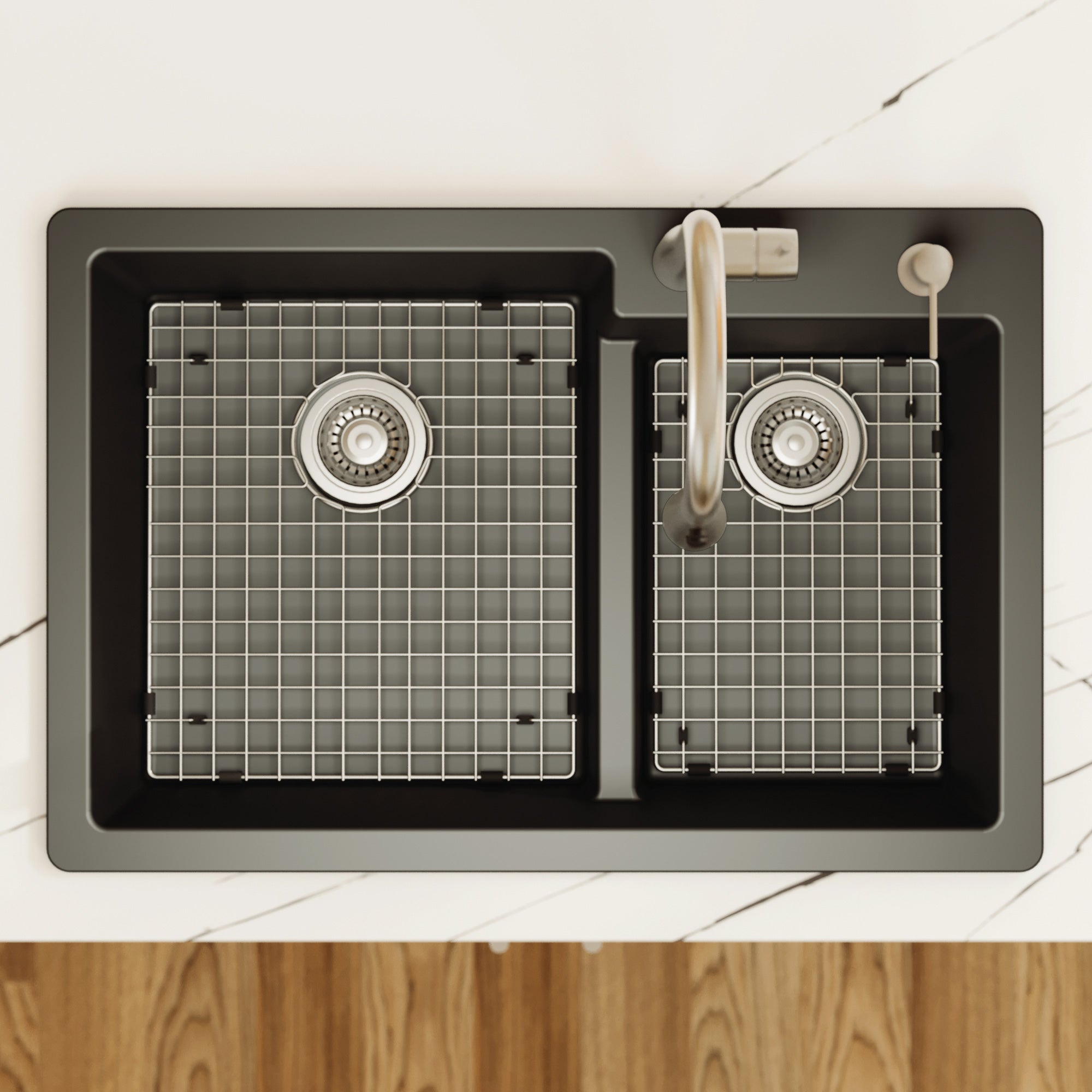 Alternative View of Karran 33" Drop In/Topmount Quartz Composite Kitchen Sink with Accessories, 60/40 Double Bowl, Black, QT-811-BL-PK1