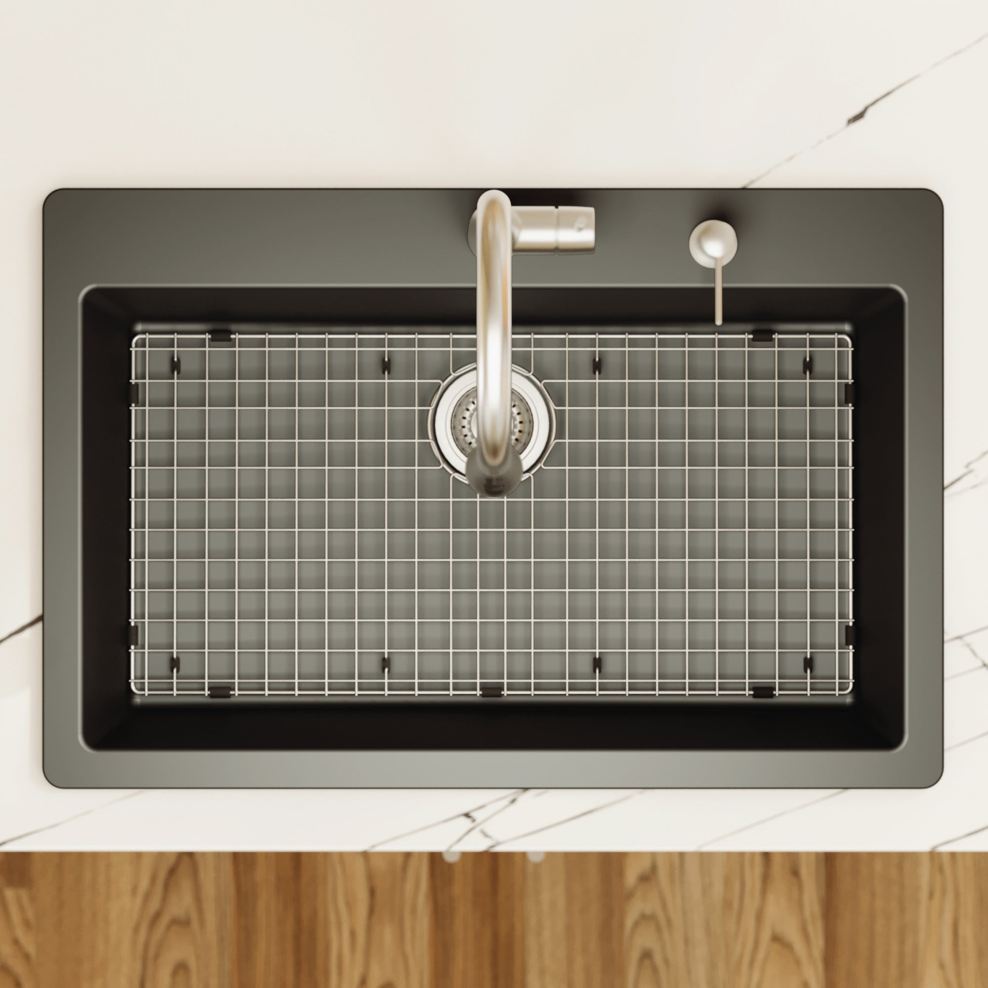 Alternative View of Karran 33" Drop In/Topmount Quartz Composite Kitchen Sink with Accessories, Black, QT-812-BL-PK1
