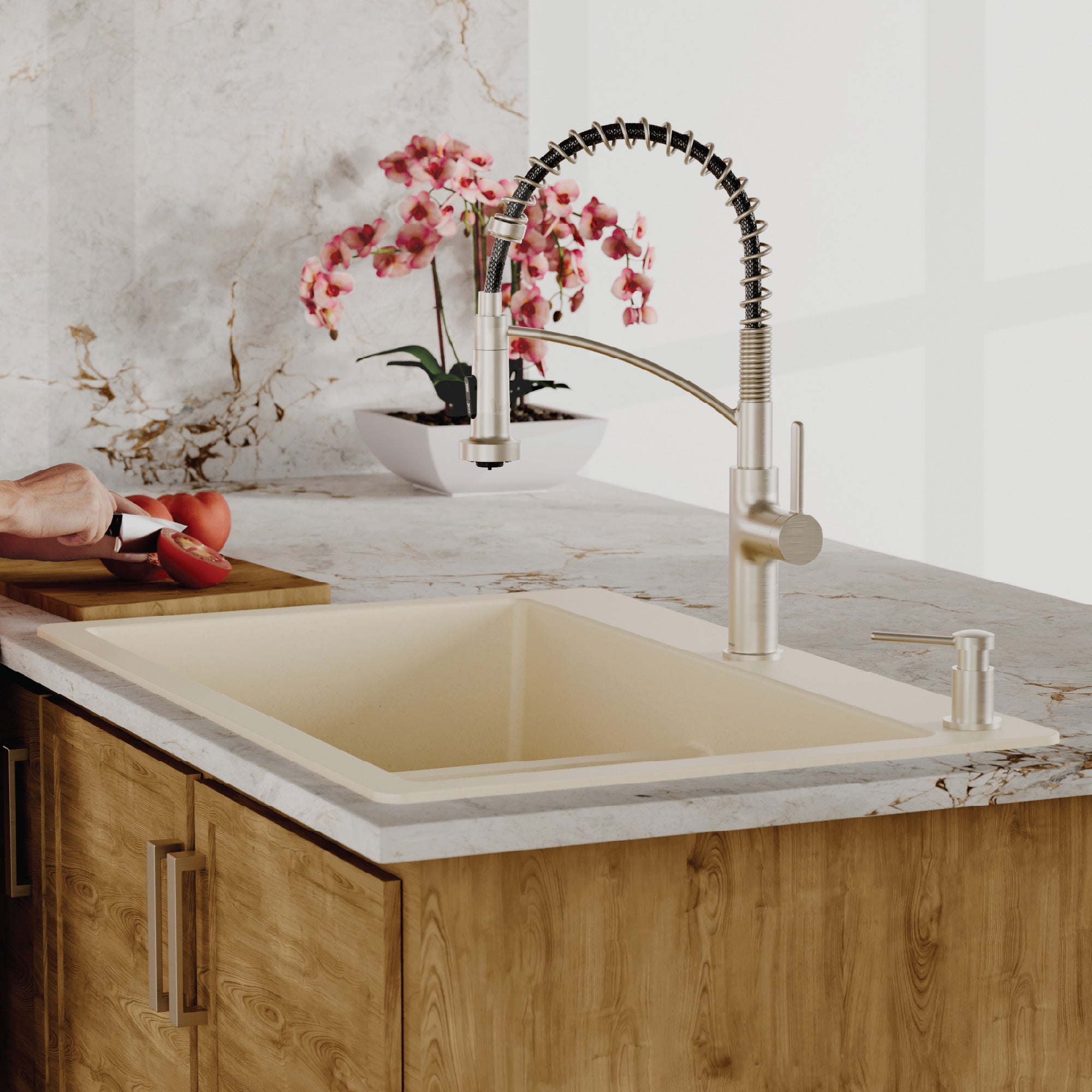 Alternative View of Karran 33" Drop In/Topmount Quartz Composite Kitchen Sink with Accessories, 50/50 Double Bowl, Bisque, QT-810-BI-PK1