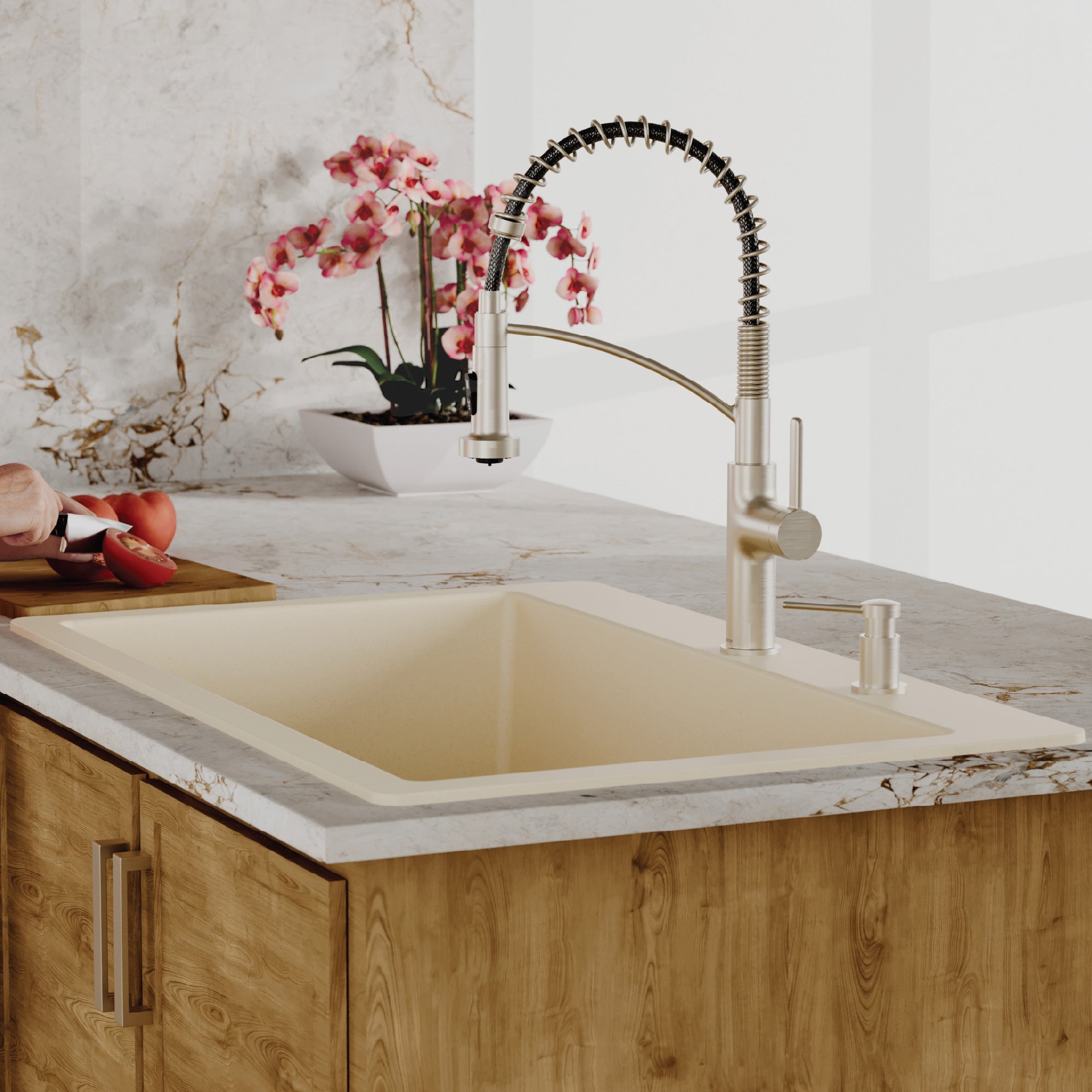 Alternative View of Karran 33" Drop In/Topmount Quartz Composite Kitchen Sink with Accessories, Bisque, QT-812-BI-PK1