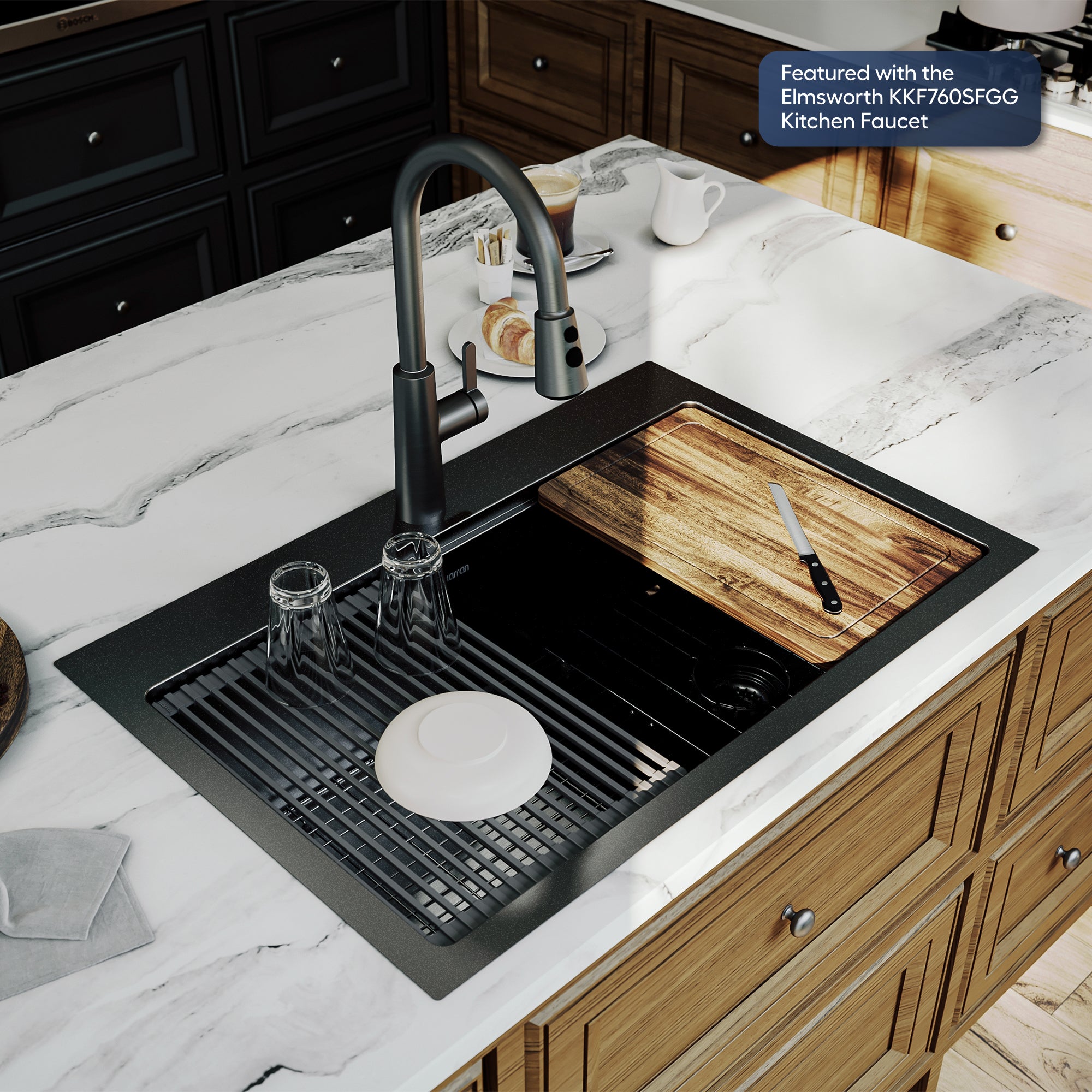 Karran elite workstation 33 stainless steel kitchen sink gunmetal black lifestyle image