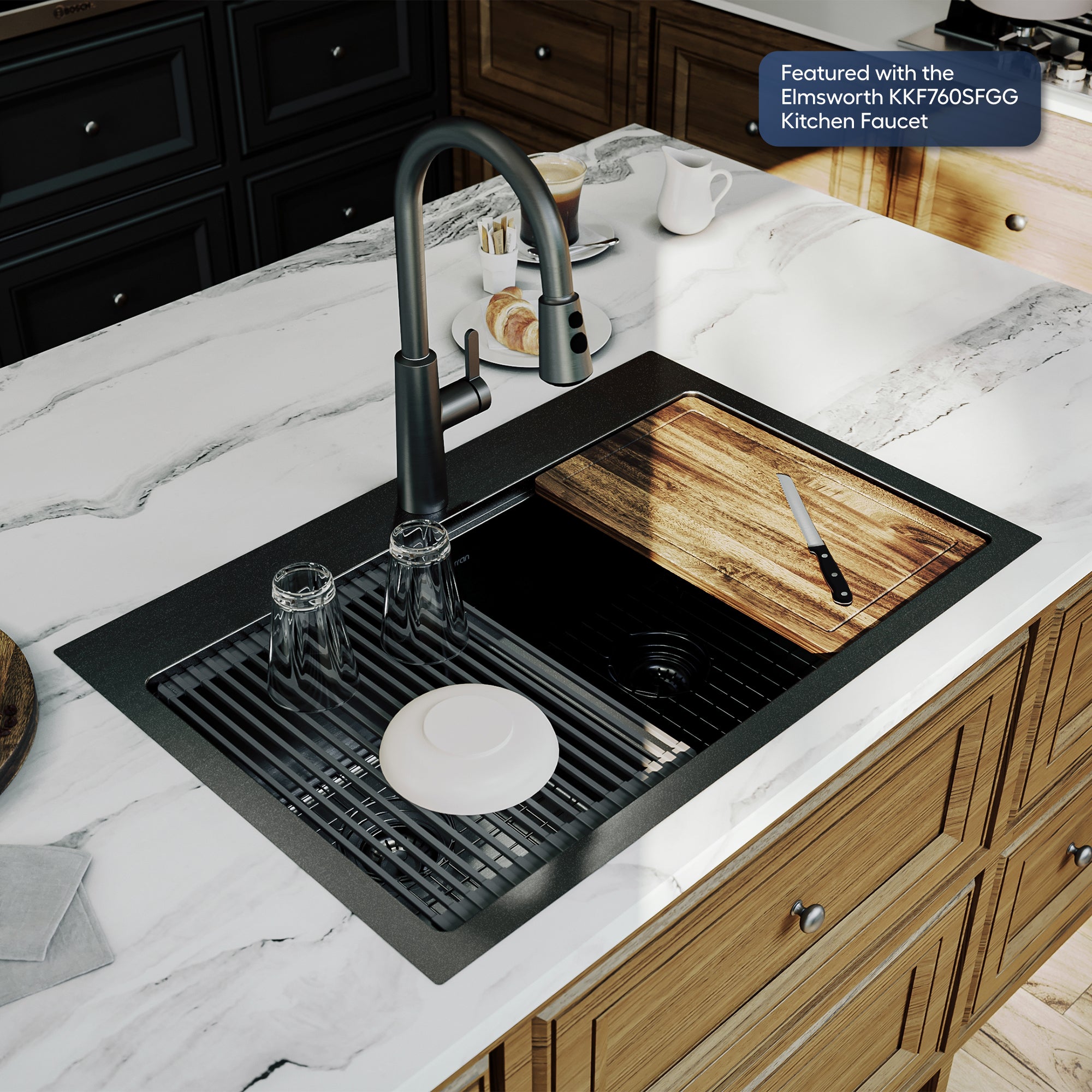 Karran elite workstation 33 stainless steel kitchen sink 50/50 double bowl gunmetal black lifestyle image